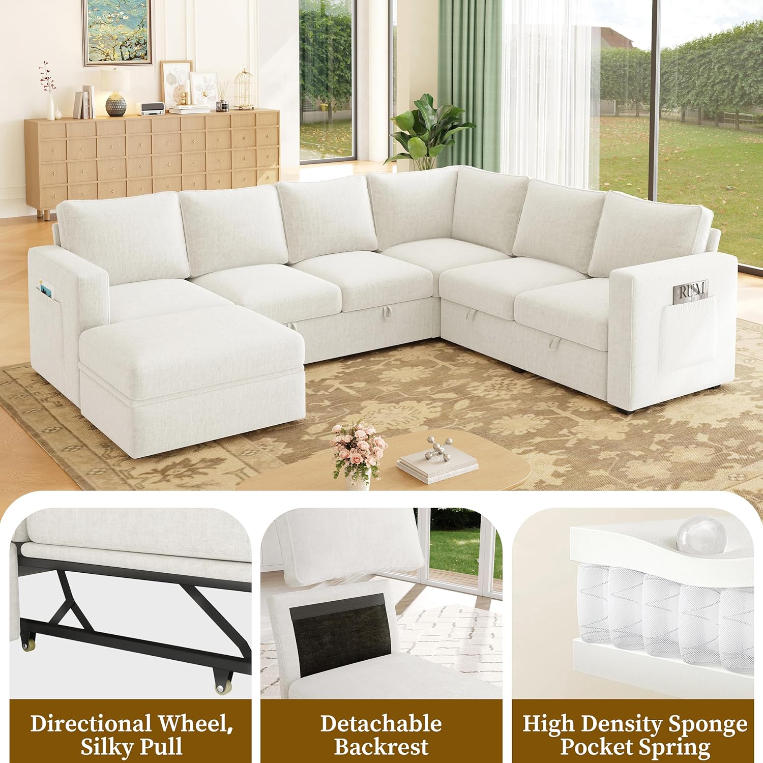 83.5' Sectional Sleeper Sofa with Pull Out Couch, Modern 5 Seat L Shaped Modular Couch, Sectionals Modular Sofa with Storage, Comfy Sectional Couches for Living Room & Apartment, Light Beige