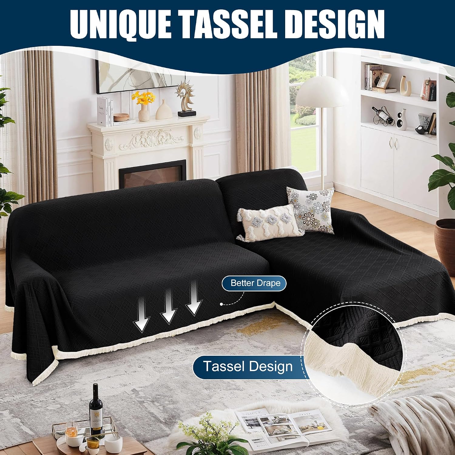 Waterproof L Shaped Sectional Couch Covers Blanket 2 Piece Sectional Sofa Cover Washable L Shape Sofa Slipcover Jacquard Quilted Furniture Protector for Dogs Pets Cats (XX-Large, Black)