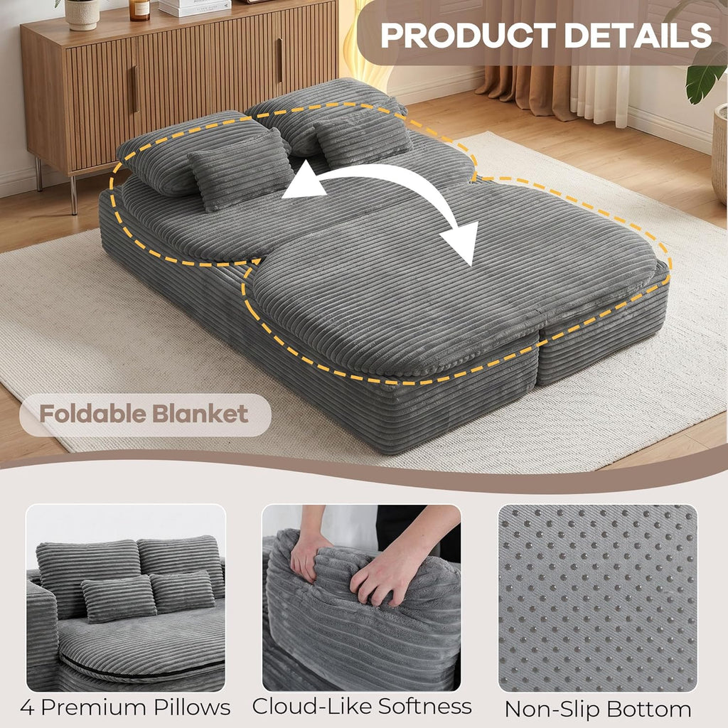 75'' Folding Sleeper Sofa Bed, Memory Foam Fold Out Couch, Boneless Foldable Full Size Guest Bed Mattress, Modern 2-in-1 Floor Deep Seat Sleeper Sofa with 4 Pillows and Blanket (Corduroy, Gray)