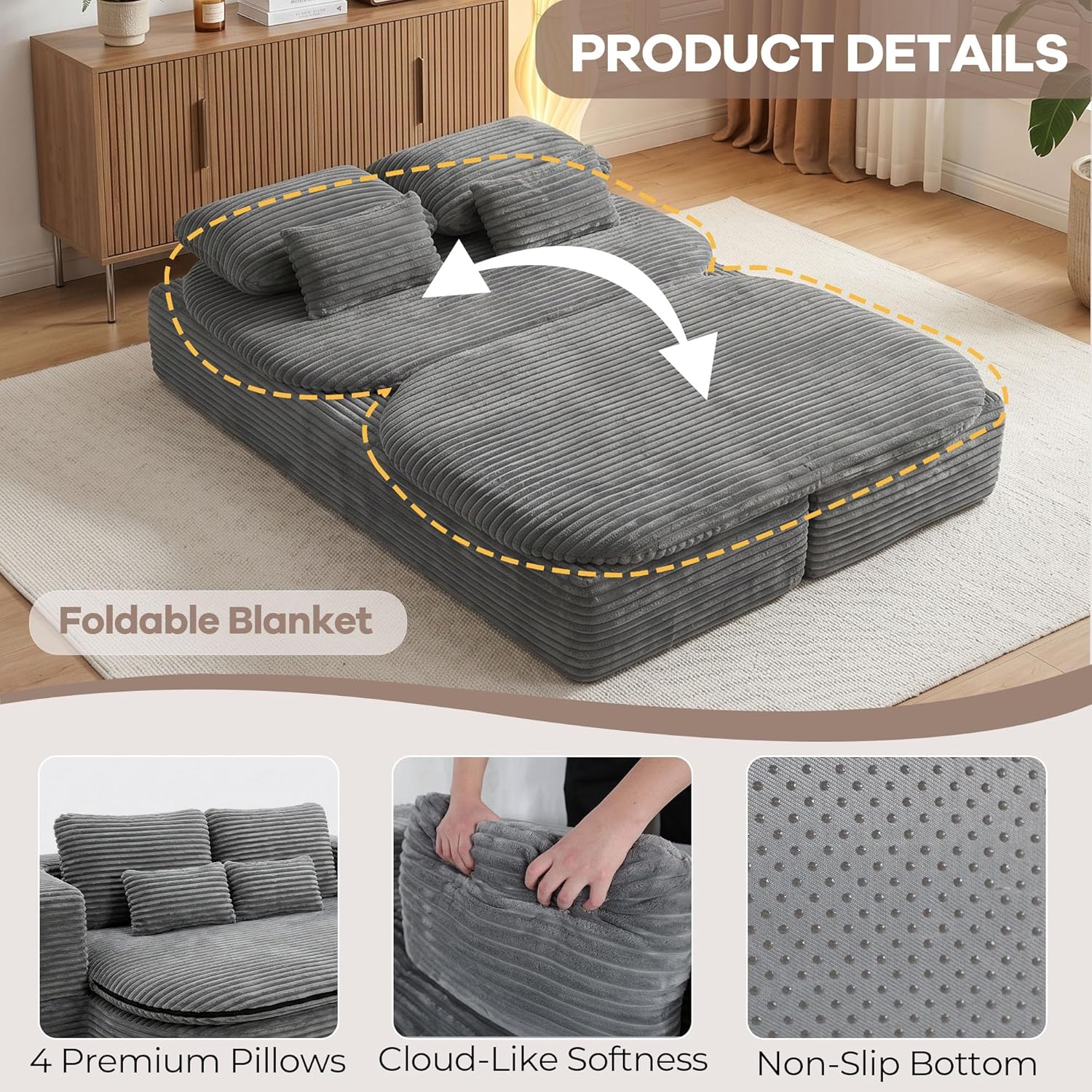75'' Folding Sleeper Sofa Bed, Memory Foam Fold Out Couch, Boneless Foldable Full Size Guest Bed Mattress, Modern 2-in-1 Floor Deep Seat Sleeper Sofa with 4 Pillows and Blanket (Corduroy, Gray)