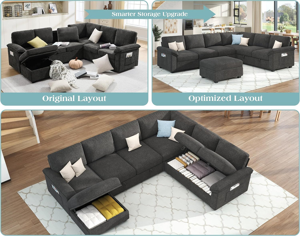 Jocisland 105' Sofa Bed, Sectional Sleeper Sofa with Pull Out Bed/Reclining Backrest, Sleeper Couch Bed with Storage, 6 Seater Couch Bed for Living Room, Chenille Dark Gray