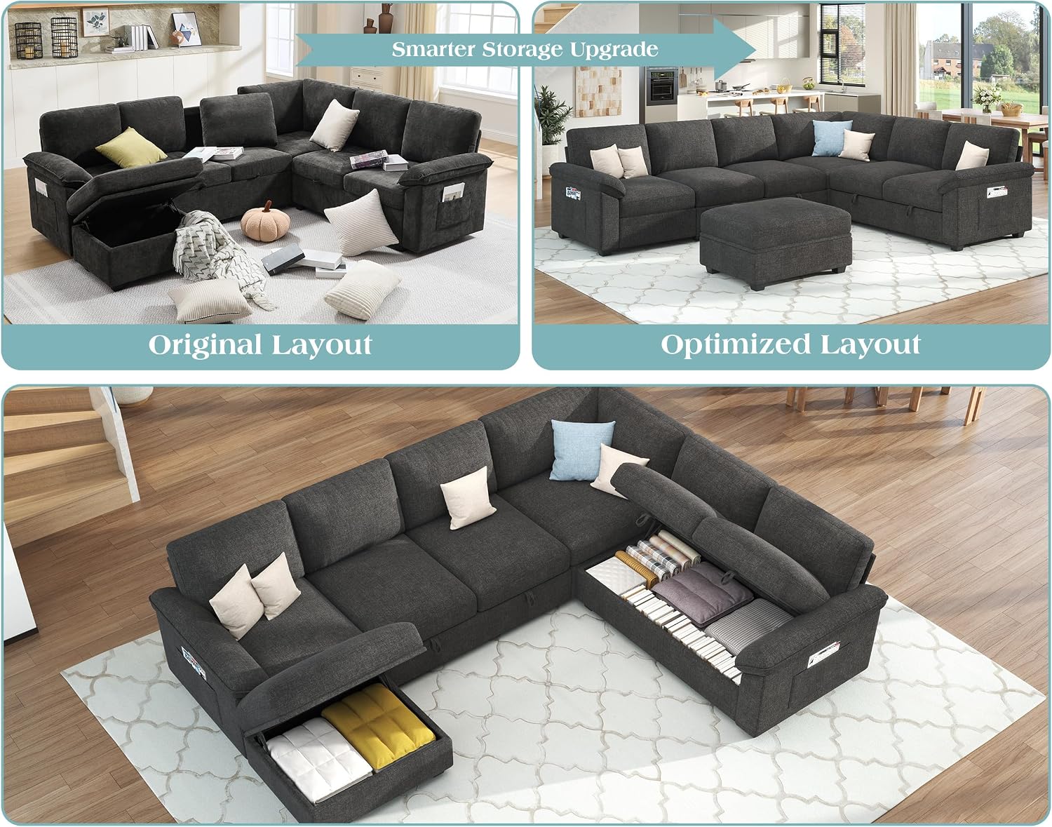 Jocisland 105' Sofa Bed, Sectional Sleeper Sofa with Pull Out Bed/Reclining Backrest, Sleeper Couch Bed with Storage, 6 Seater Couch Bed for Living Room, Chenille Dark Gray