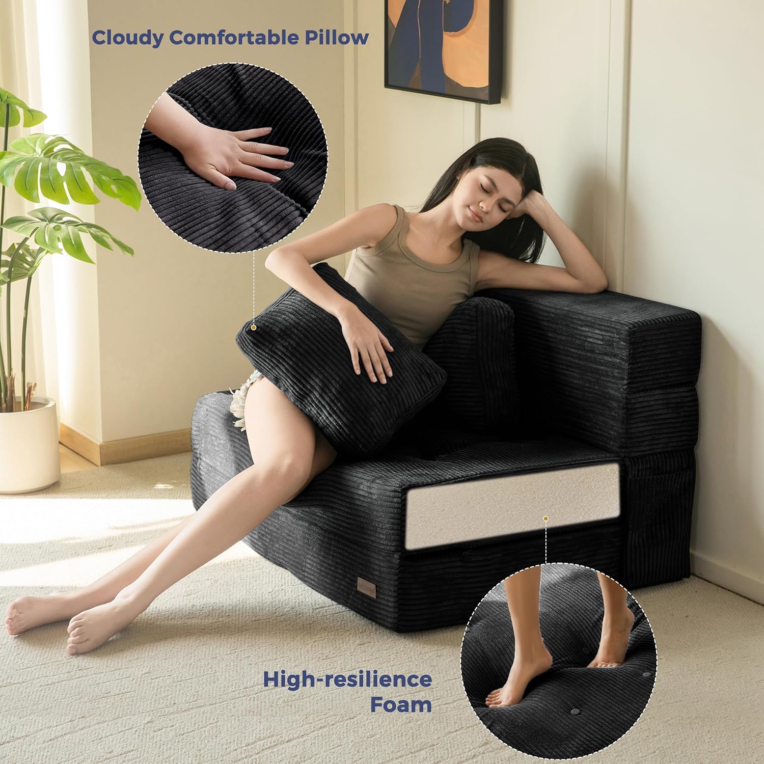 MAXYOYO Convertible Sofa Bed, Fold Out Loveseat Sleeper Sofa with Pillow, 4 in 1 Tufted Folding Couch Bed Foam Floor Couch, Lazy Chair for Living Room Bedroom Guest Room, Black