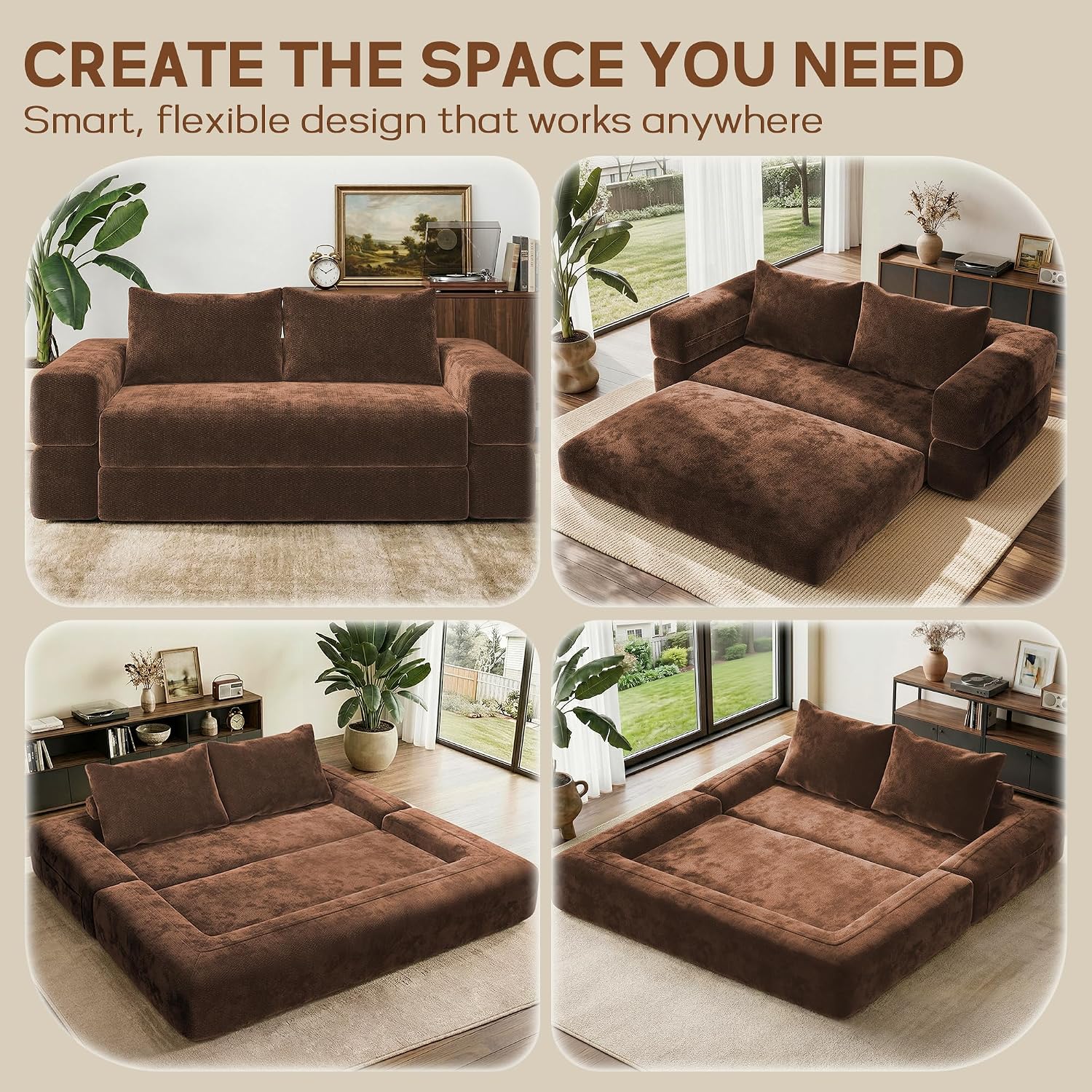 75'' Folding Convertible Sofa Bed with Large Pillow, 4-in-1 Foldable Pull Out Futon Sofa Bed, Chenille Boneless Mattress Couch, No Assembly Floor Sleeper Sofa Bed for Living Room/Bedroom, Caramel