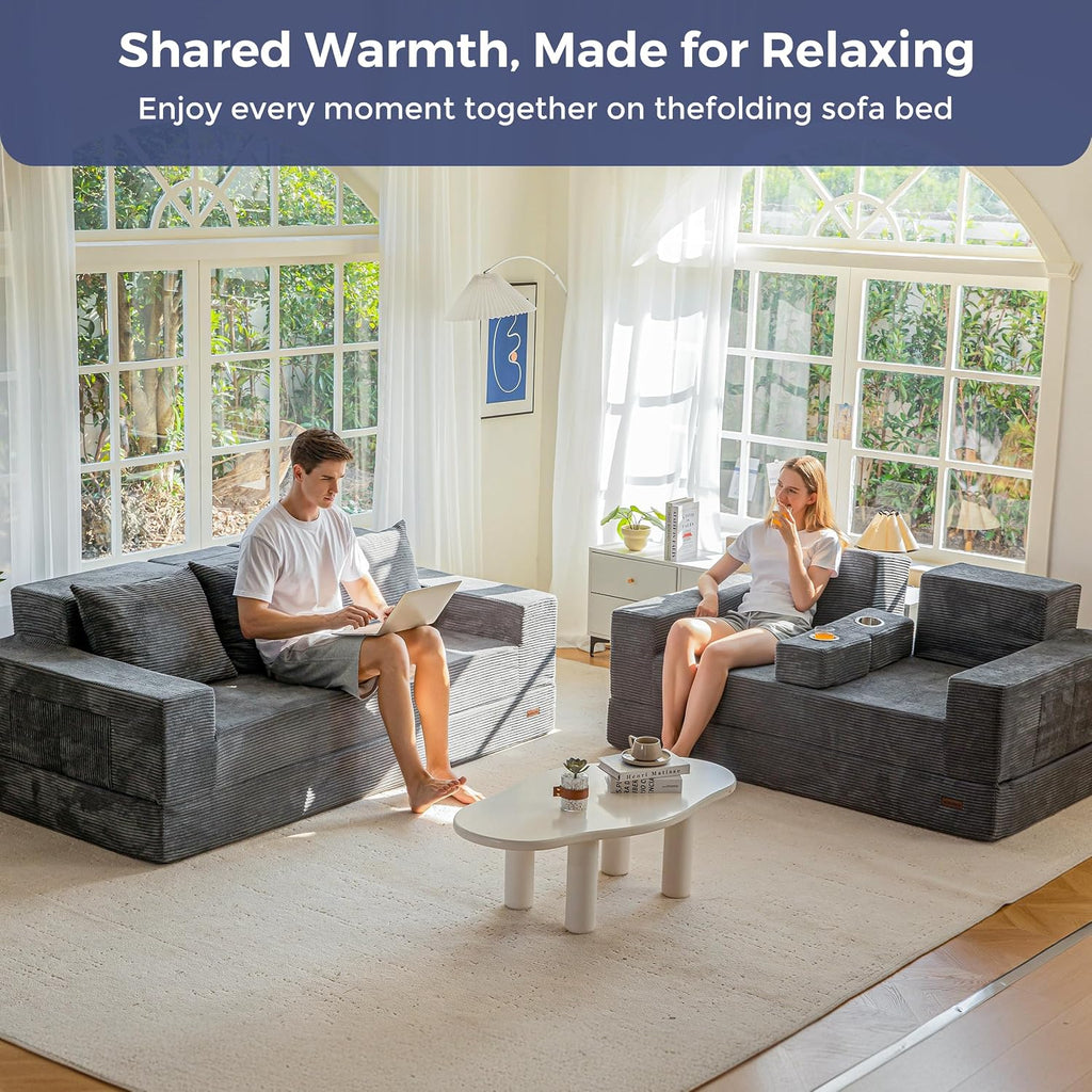 MAXYOYO Loveseat Sofa Bed, 64' Foldable Floor Sofa Couch in A Box with 2 Cup Holders, 4 in 1 Convertible Boneless Couch Folding Recliner Sleeper Chair for Living Room,Charcoal Grey