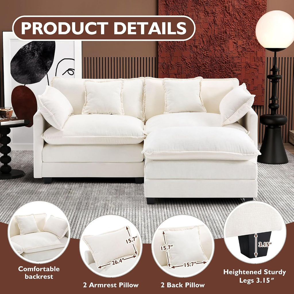 Ihanherry 77' L Shaped Modern Sofa Modular Sectional Cloud Couch with Ottoman, 3-Seat Chenille Deep Seat Sofa with Pillow for Living Room, Bedroom and Apartment, Beige
