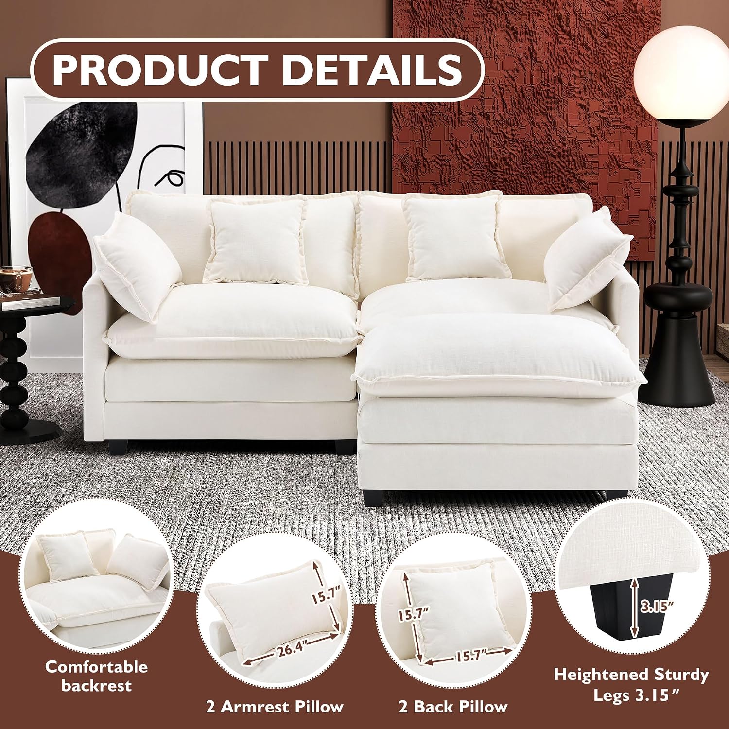 Ihanherry 77' L Shaped Modern Sofa Modular Sectional Cloud Couch with Ottoman, 3-Seat Chenille Deep Seat Sofa with Pillow for Living Room, Bedroom and Apartment, Beige