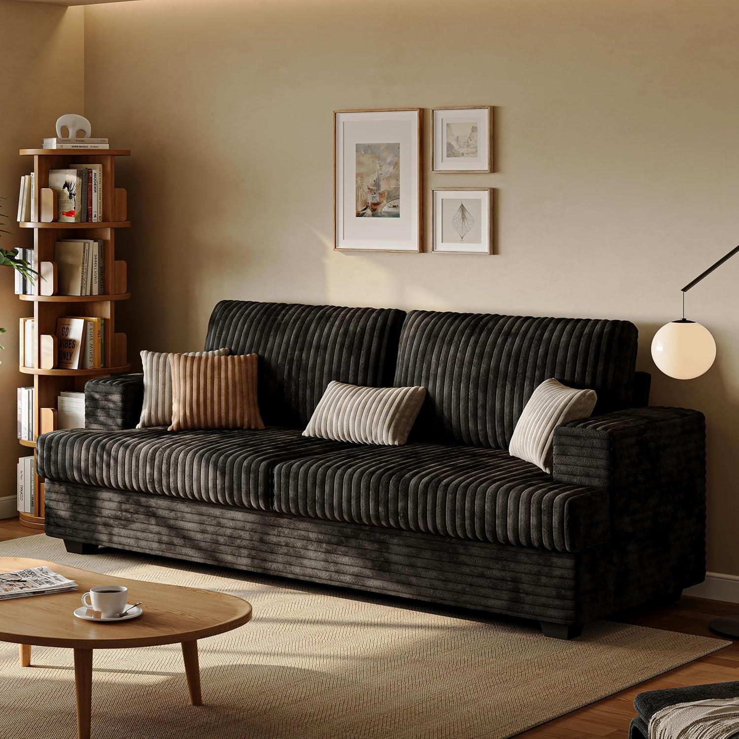 89' Black Couches for Living Room, 3 Seater Couch with Deep Seat, Oversized Loveseat Sofa for Apartment and Small Spaces
