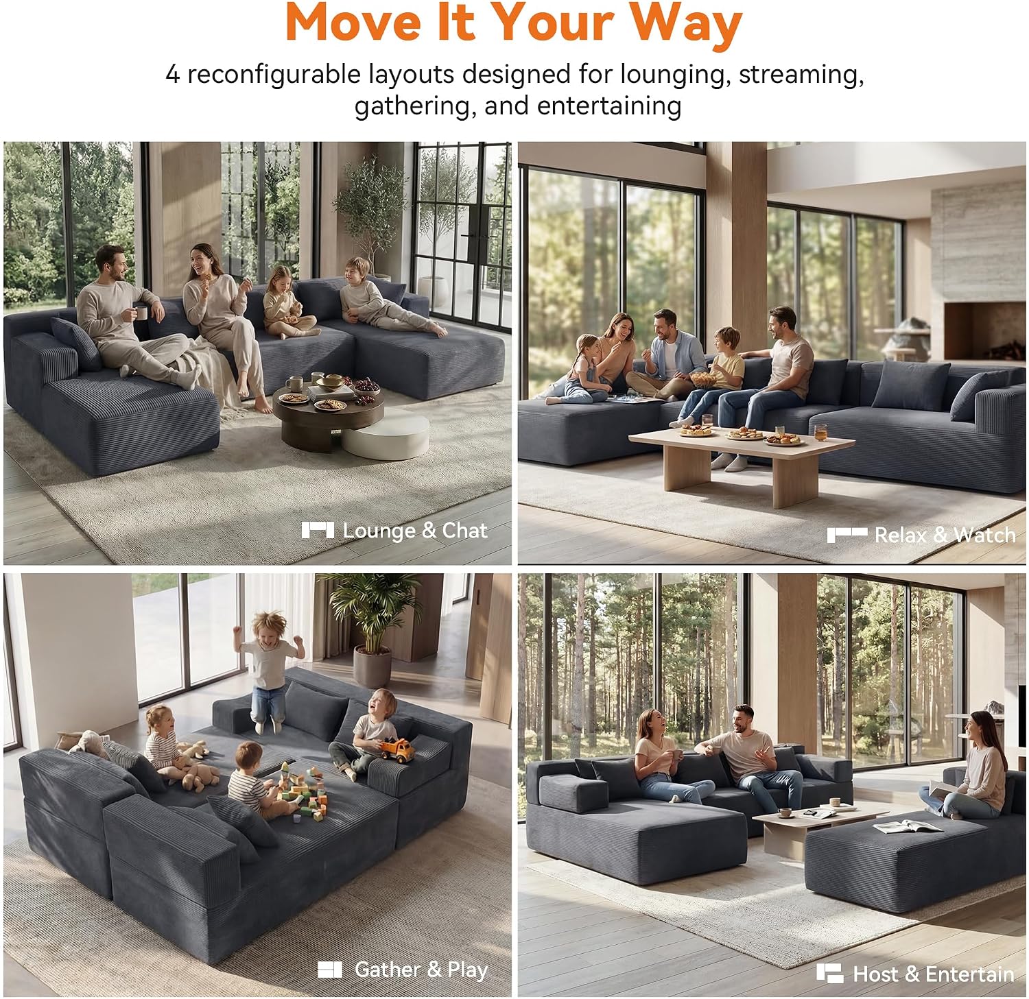MONVANE 141' U Shaped Cloud Sectional Couch with Chaise Lounge, Modular Sectional Sofa with Removable Armrests, Comfy Corduroy Boneless Couches for Living Room, No Assembly Required, Grey