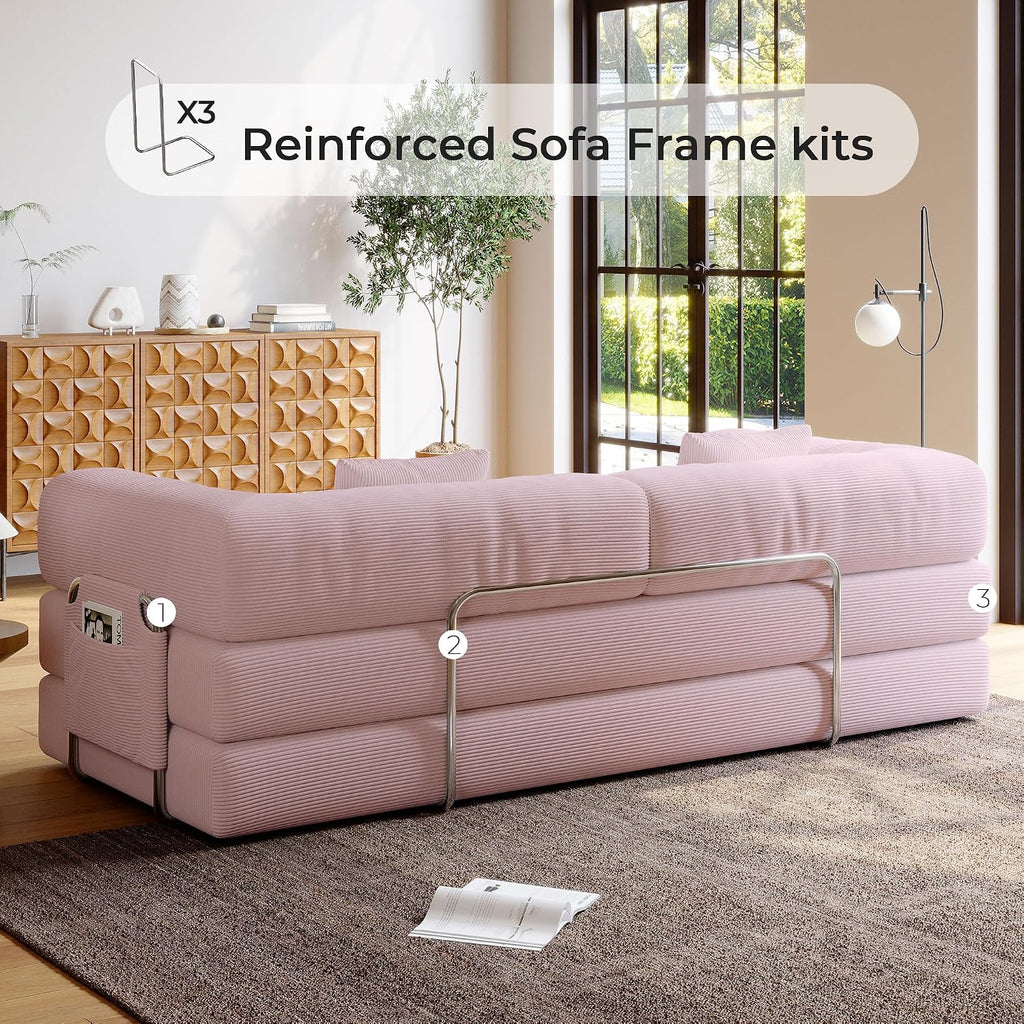 5-in-1 Folding Convertible Sofa Bed, Loveseat Sleeper with Pull-Out Bed, Floor Sofa Modular Futon Couch, 79' Oversized Corduroy Upholstered Boneless Couch for Living Room, Bedroom, Lounge, Pink-A