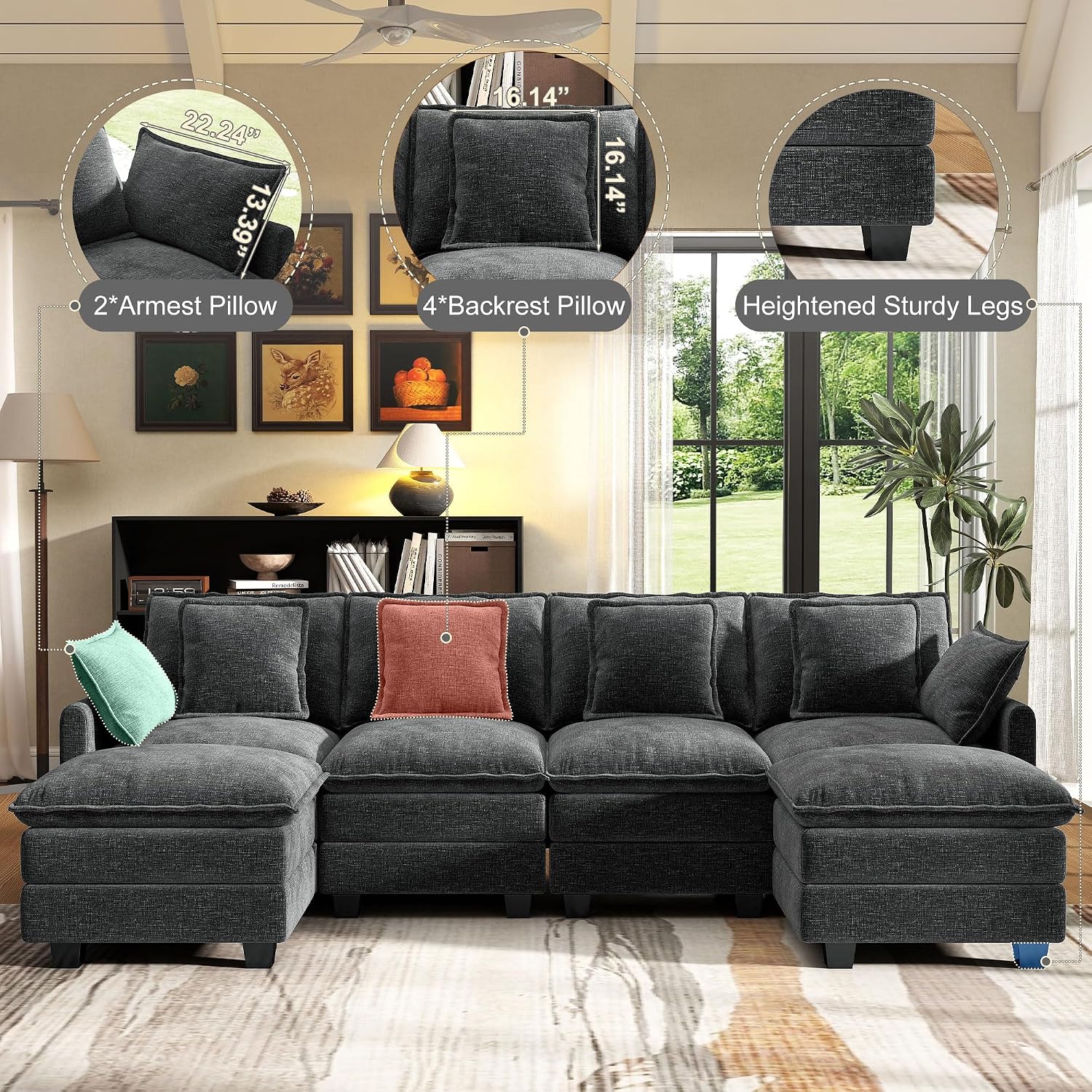 107' Cloud Couch Sectional, U Shaped Modular Sectional Sofa, 4-Seat Deep Seat Couch with 6 Removable Washable Pillows and 2 Ottoman for Living Room, Bedroom, Apartment, Black Grey