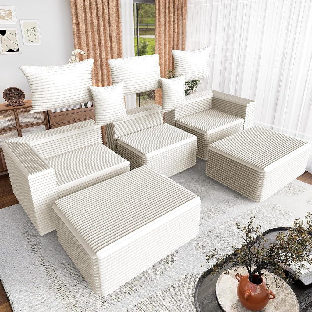 110 Corduroy Boneless Couch for Living Room with 2 Ottomans, Convertible Modular Cloud Sofa with Deep Seats, Ergonomic Memory Foam U Shaped Sectional Couch, No Assembly Required (Beige)