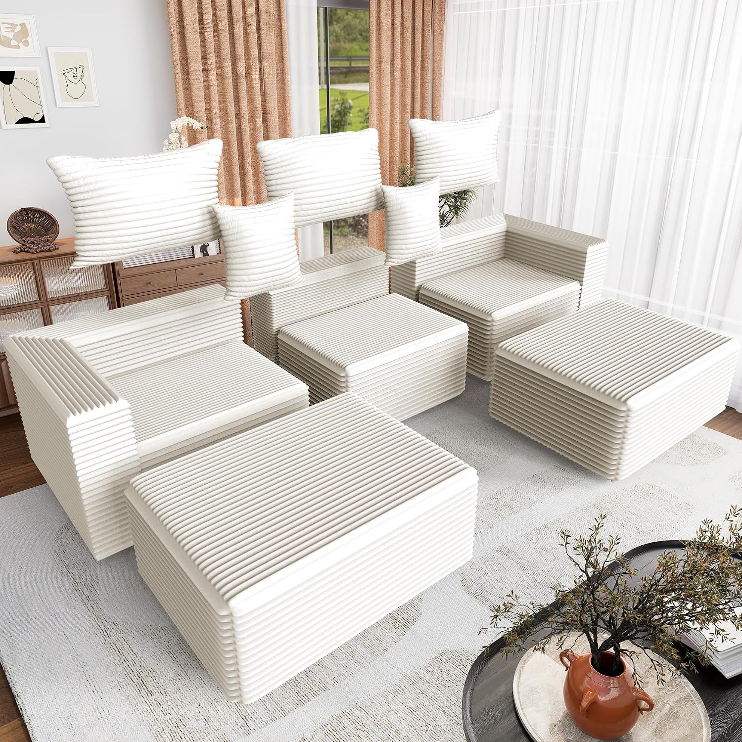 110 Corduroy Boneless Couch for Living Room with 2 Ottomans, Convertible Modular Cloud Sofa with Deep Seats, Ergonomic Memory Foam U Shaped Sectional Couch, No Assembly Required (Beige)