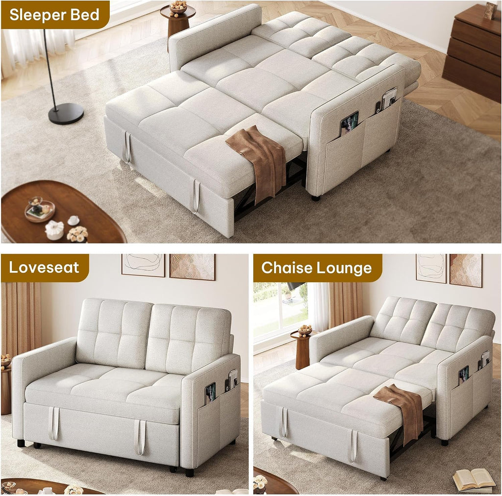 DWVO 55' Convertible Sofa Bed, 3-in-1 Sleeper Sofa with Pull-Out Bed, Linen Futon Couch with Adjustable Backrest and Side Pocket, Modern Loveseat for Living Room Apartment, Light Beige