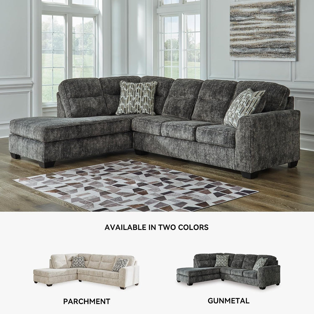 Signature Design by Ashley Lonoke Casual Left-Arm Facing 2-Piece Sectional with Chaise, Loose Seat Cushions, Throw Pillows Included, Gray