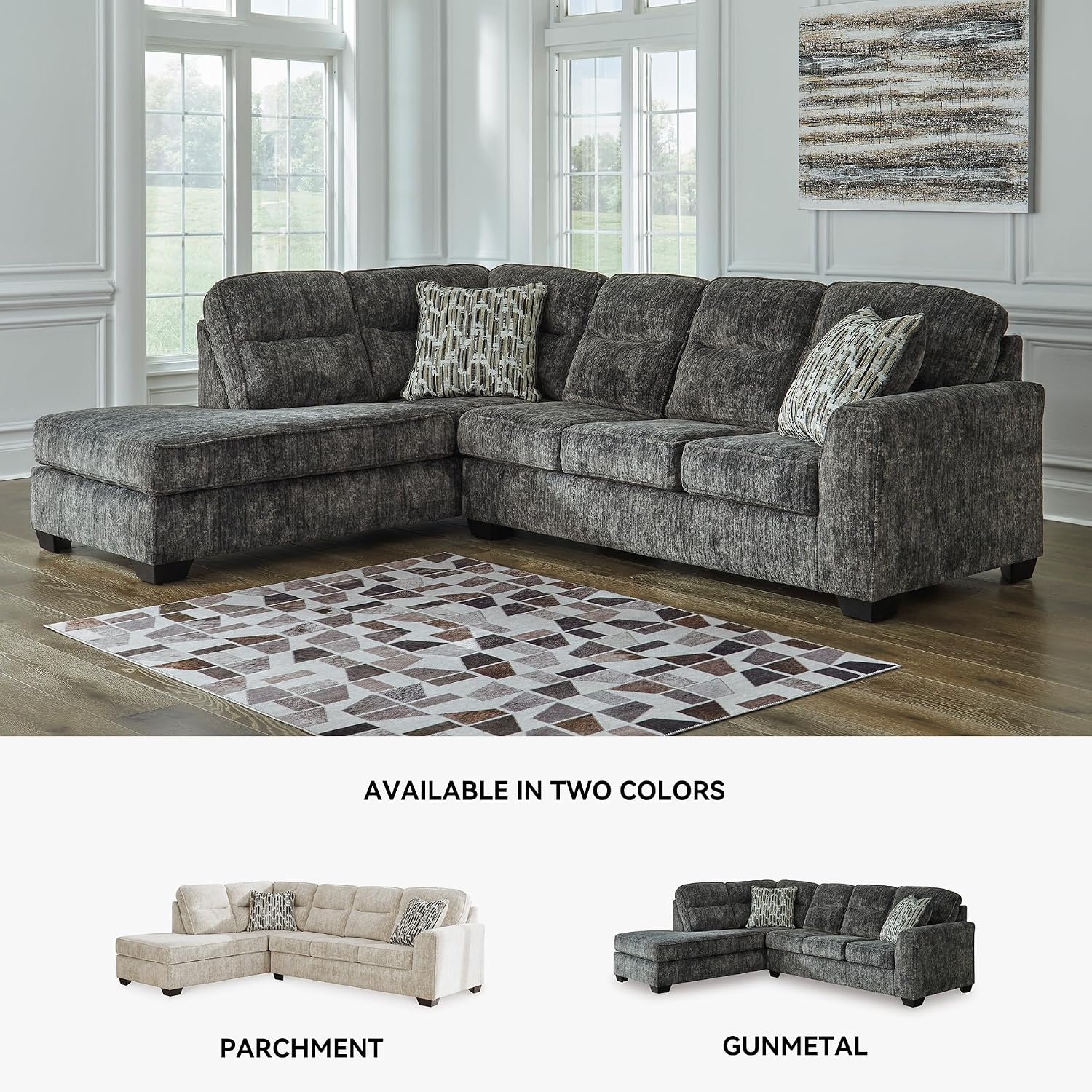 Signature Design by Ashley Lonoke Casual Left-Arm Facing 2-Piece Sectional with Chaise, Loose Seat Cushions, Throw Pillows Included, Gray