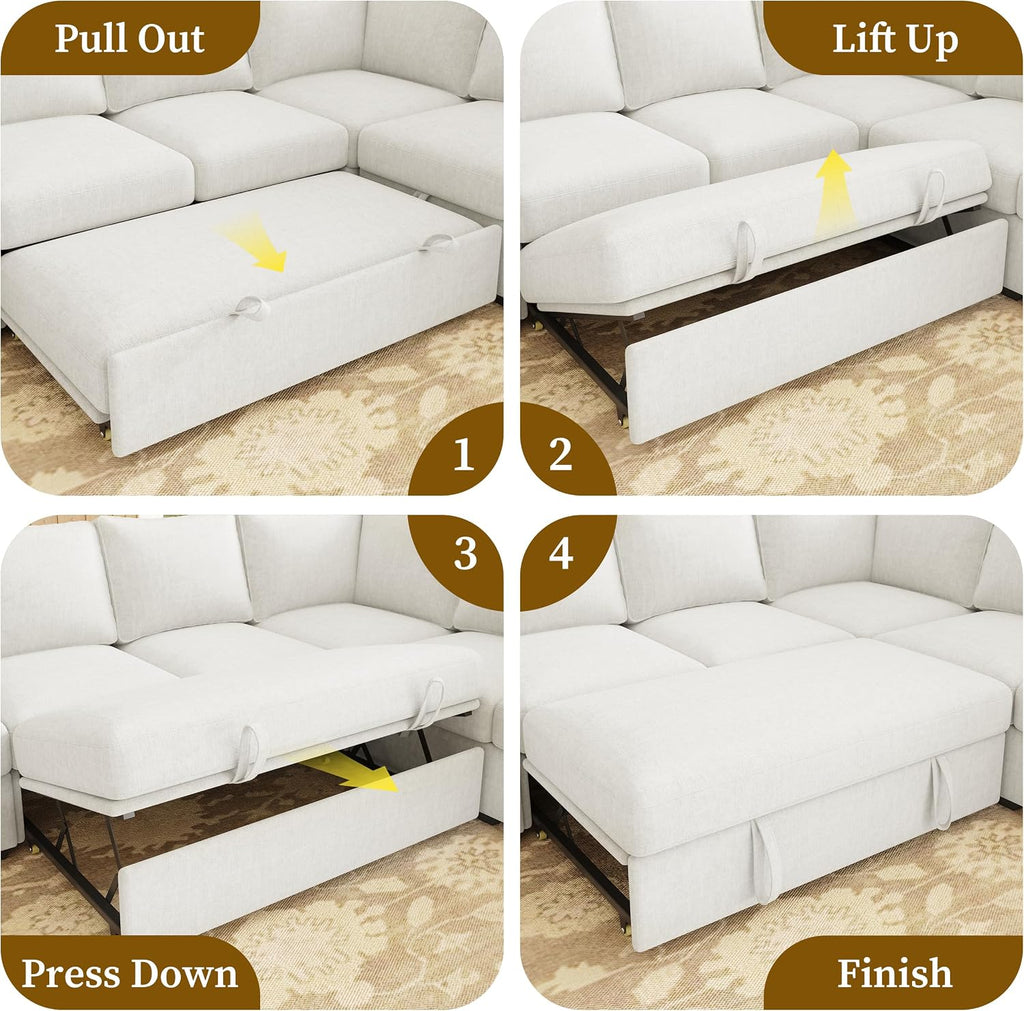 83.5' Sectional Sleeper Sofa with Pull Out Couch, Modern 5 Seat L Shaped Modular Couch, Sectionals Modular Sofa with Storage, Comfy Sectional Couches for Living Room & Apartment, Light Beige