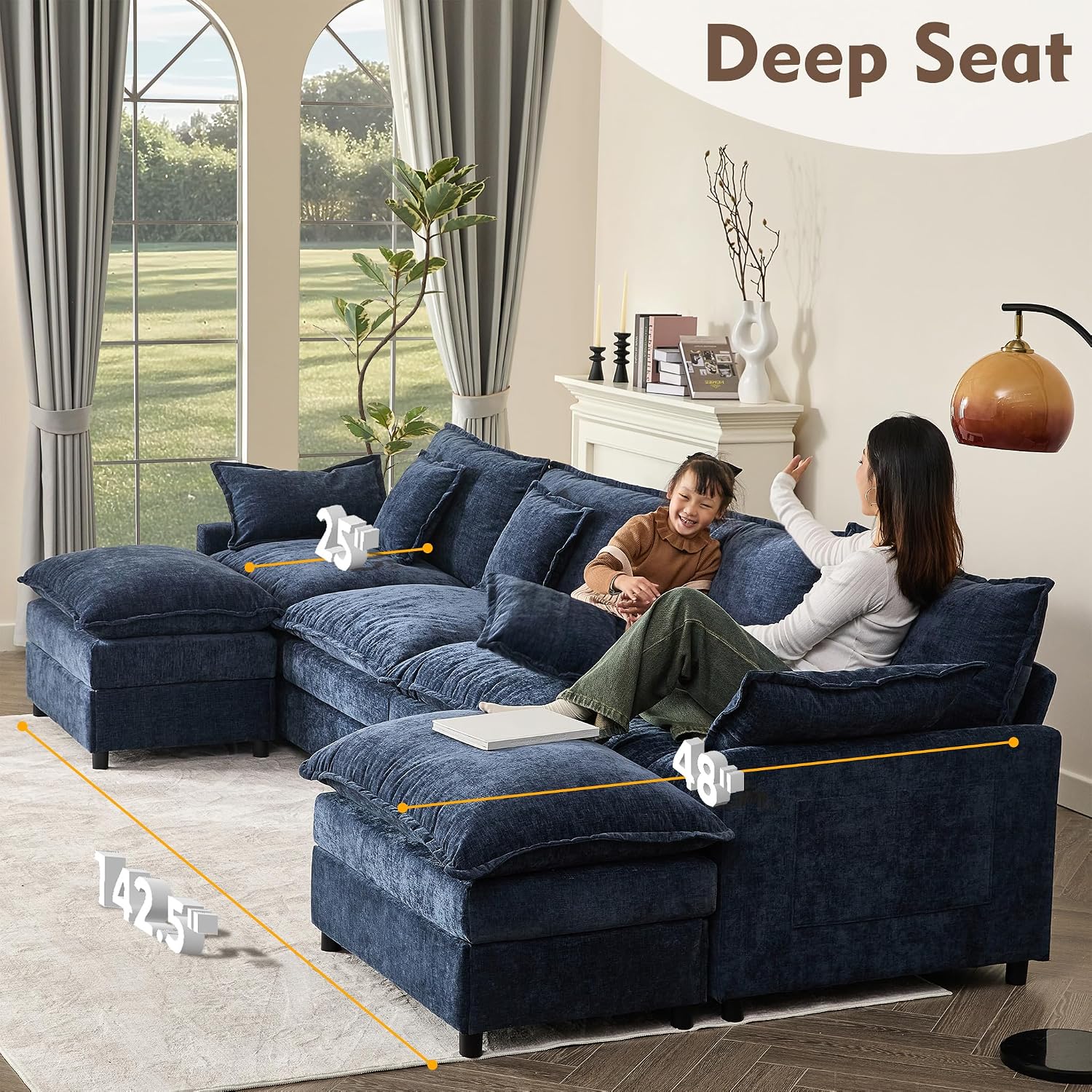 GOSUHI 142.5' U Shaped Couch, Modular Sectional Sofa, 3-Seater Comfy Cloud Couch, Set of Modular Pieces with Movable Ottoman, Deep Seat Couches for Living Room, Chenille, Navy