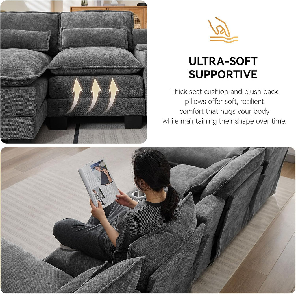 125'' U Shaped Cloud Modular Sofa, Chenille Upholstered Comfy Sectional Couch with Storage Console, USB Charging Ports & Cup Holders, Modern Deep Seat Sofa for Living Room, Grey