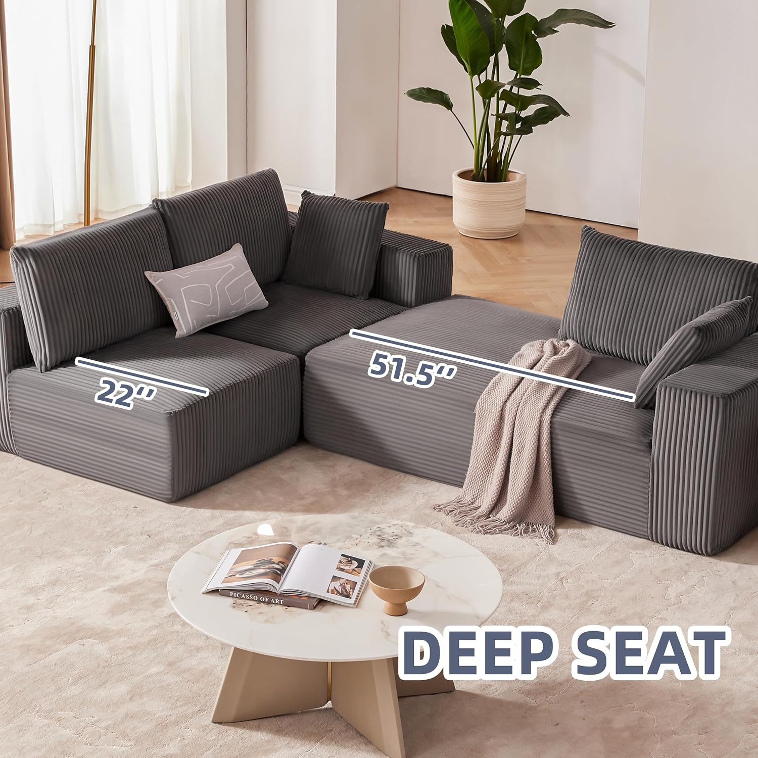 108' Modular Sectional Sofa, Cloud Sectional Couch with Deep Seat, Upholstered Boneless Couches for Living Room Bedroom, Modern Modular L-Shape Sofa Couch with Chaise (Left Facing Chaise, Dark Gray)