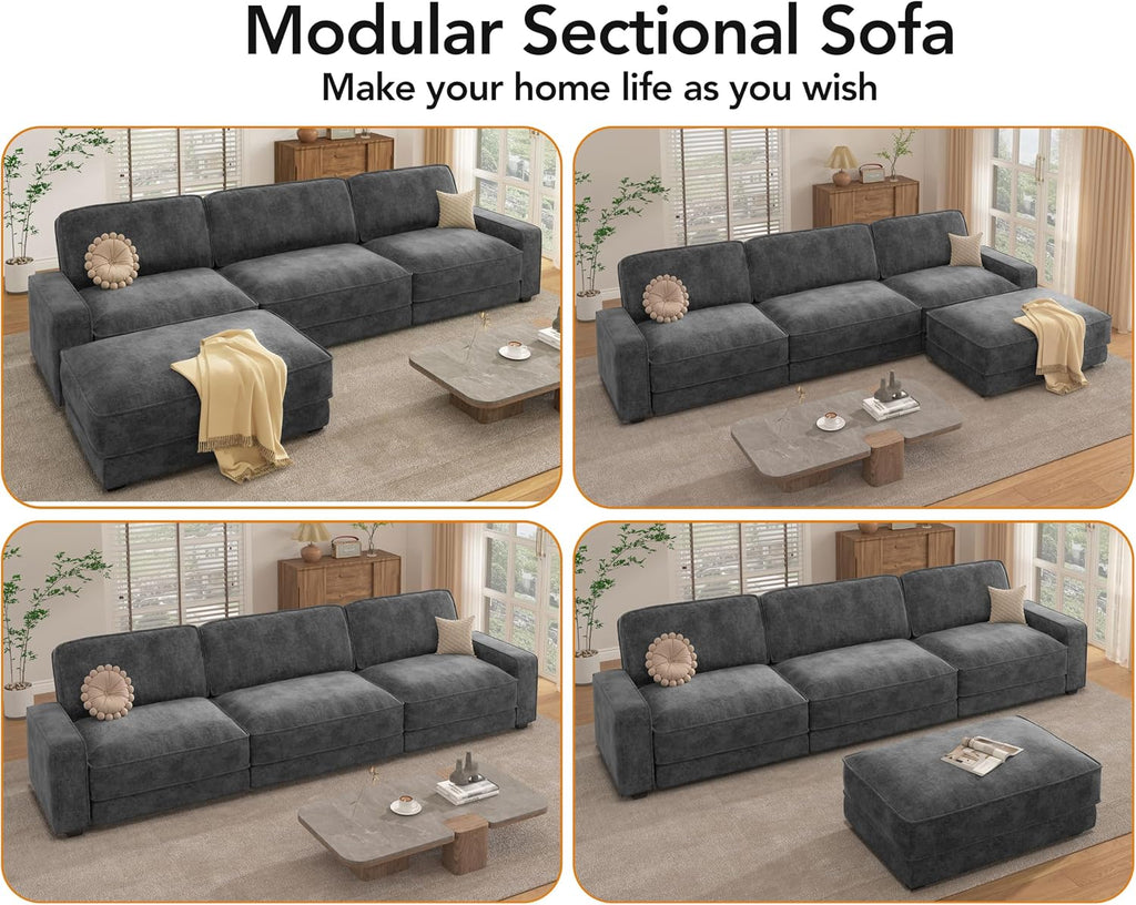Vipbear 120' Oversized Modular Sectional Sofa, L Shaped Couch Set with 2 Pillows, 4 Seat Comfy Cloud Couches with Movable Ottoman for Living Room, Bedroom and Apartment, Chenille Dark Grey