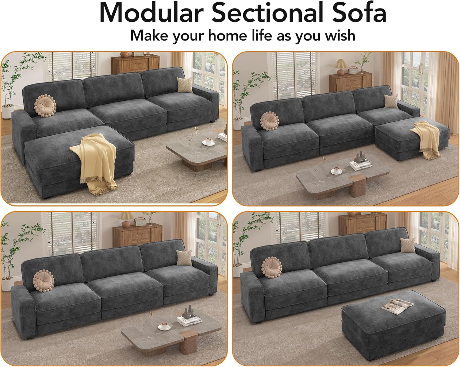 Vipbear 120' Oversized Modular Sectional Sofa, L Shaped Couch Set with 2 Pillows, 4 Seat Comfy Cloud Couches with Movable Ottoman for Living Room, Bedroom and Apartment, Chenille Dark Grey