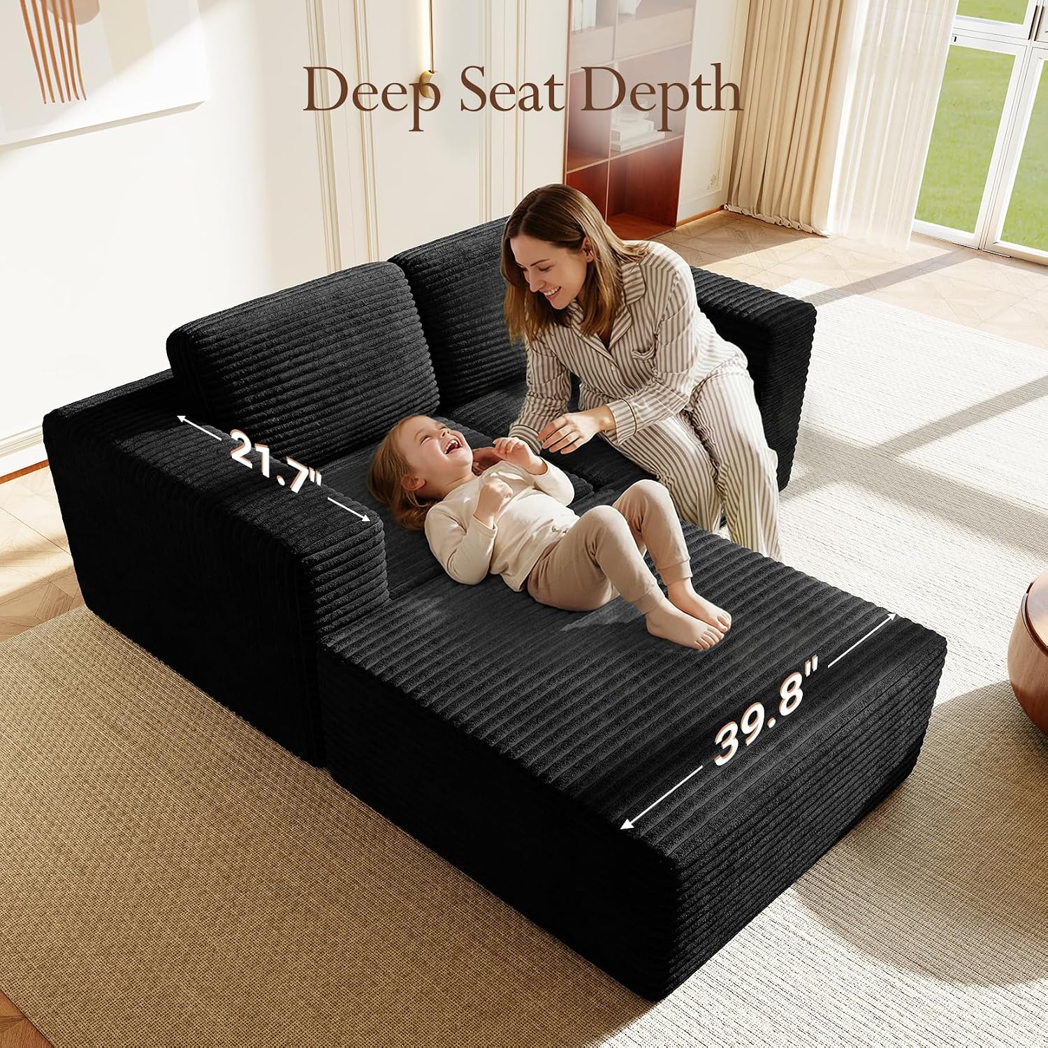 Vesgantti 80' Modular Sectional Sofa, Corduroy Cloud Couch with Deep Seats & Spring Support, Compact 2 Seater Boneless Couch, L-Shaped Modular Sofa for Small Spaces, Apartments, No Assembly, Black