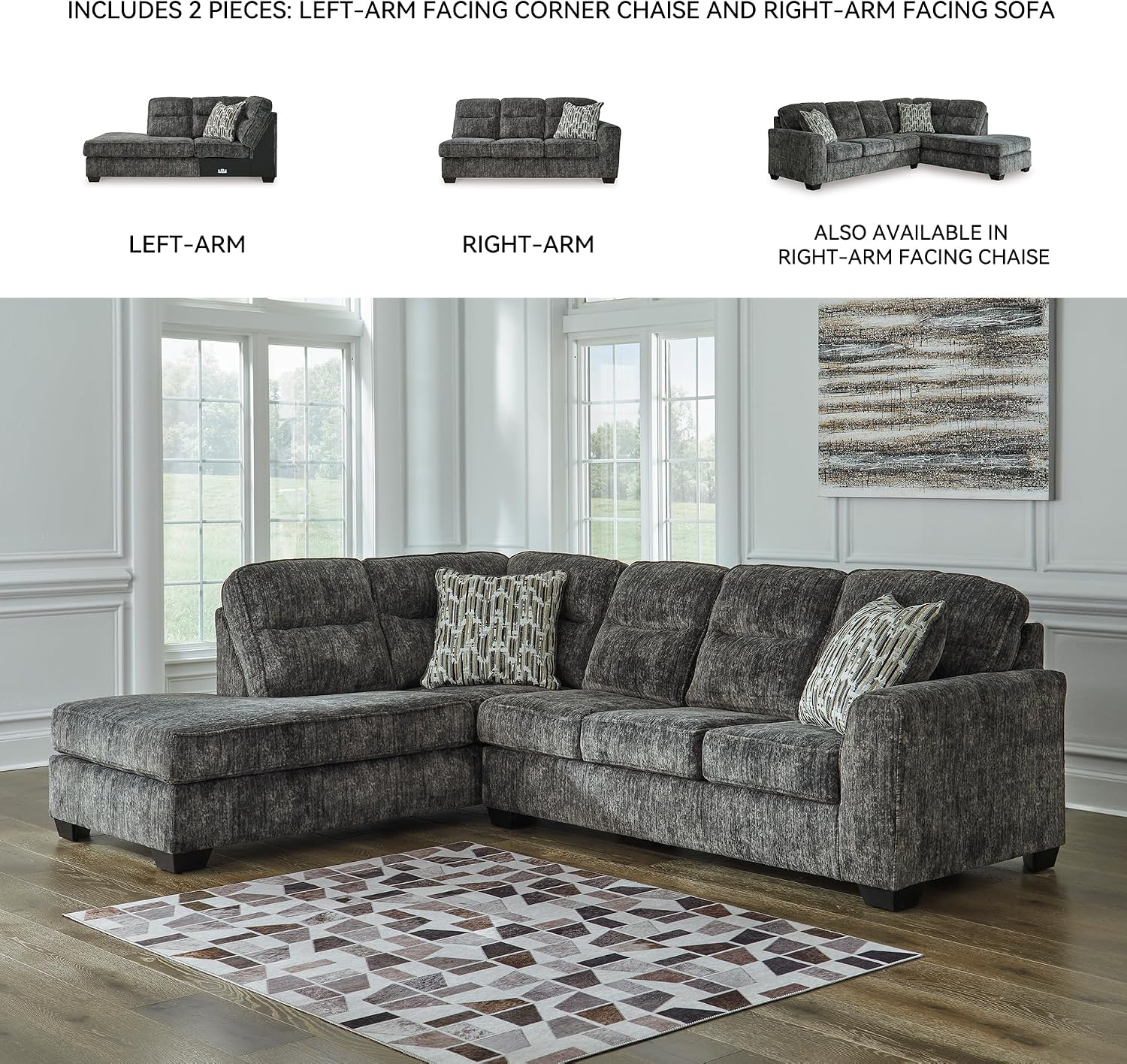 Signature Design by Ashley Lonoke Casual Left-Arm Facing 2-Piece Sectional with Chaise, Loose Seat Cushions, Throw Pillows Included, Gray