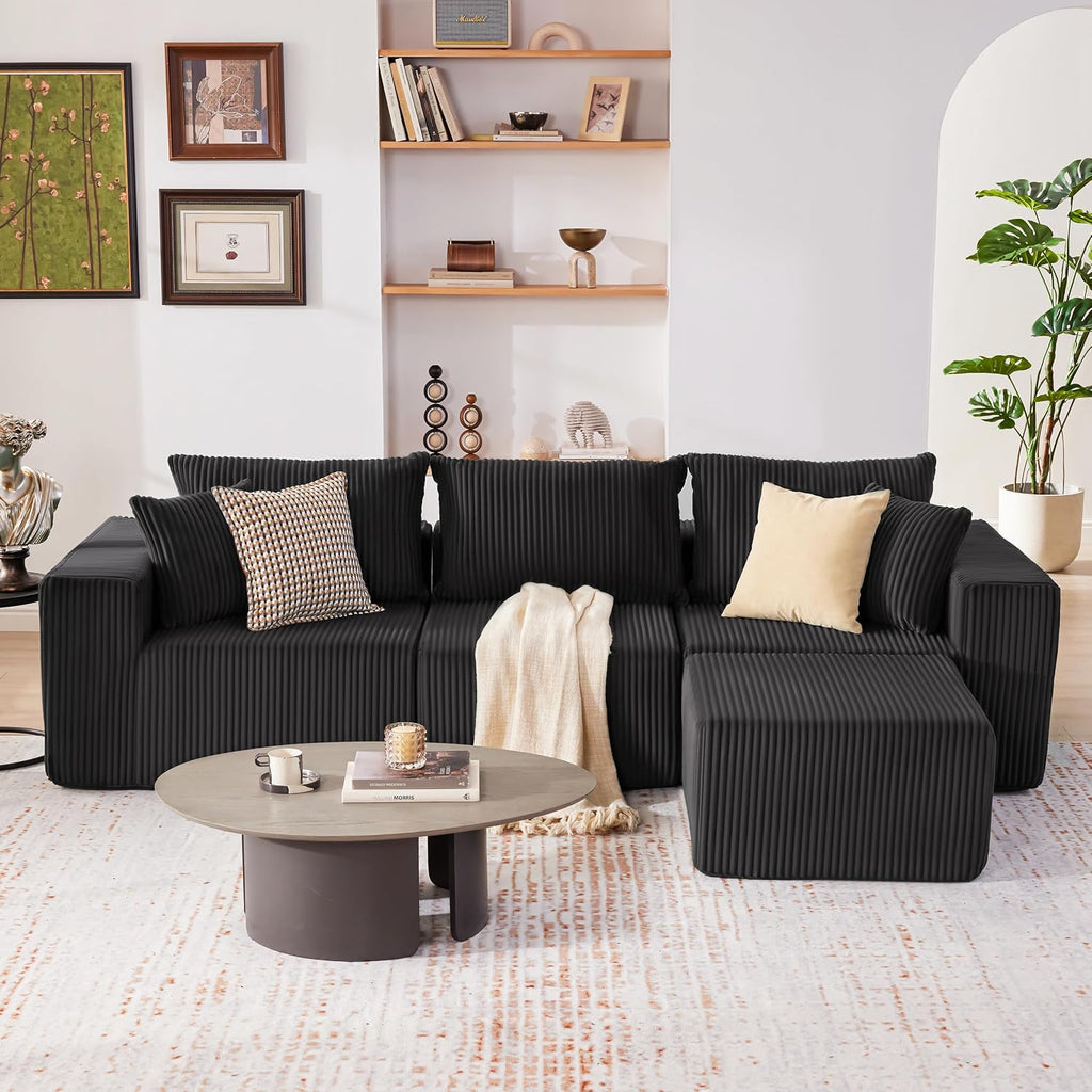 Cloud Couch Sectional, Modular Sofa with Deep Seat, Plush Corduroy U Shaped Boneless Couch, Convertible Sectional Couches for Living Room (Black, 3 Seater & 1 Ottoman)