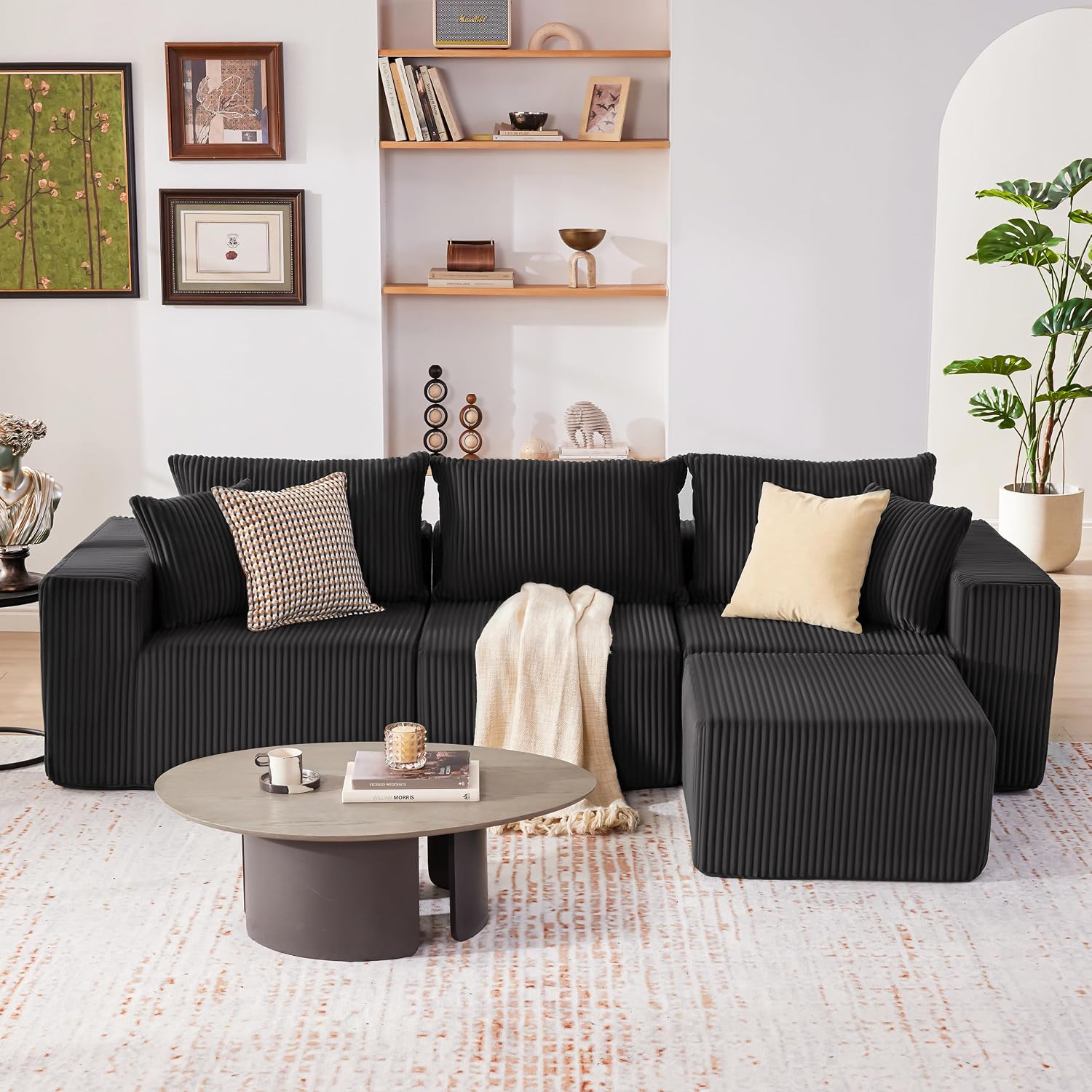 Cloud Couch Sectional, Modular Sofa with Deep Seat, Plush Corduroy U Shaped Boneless Couch, Convertible Sectional Couches for Living Room (Black, 3 Seater & 1 Ottoman)