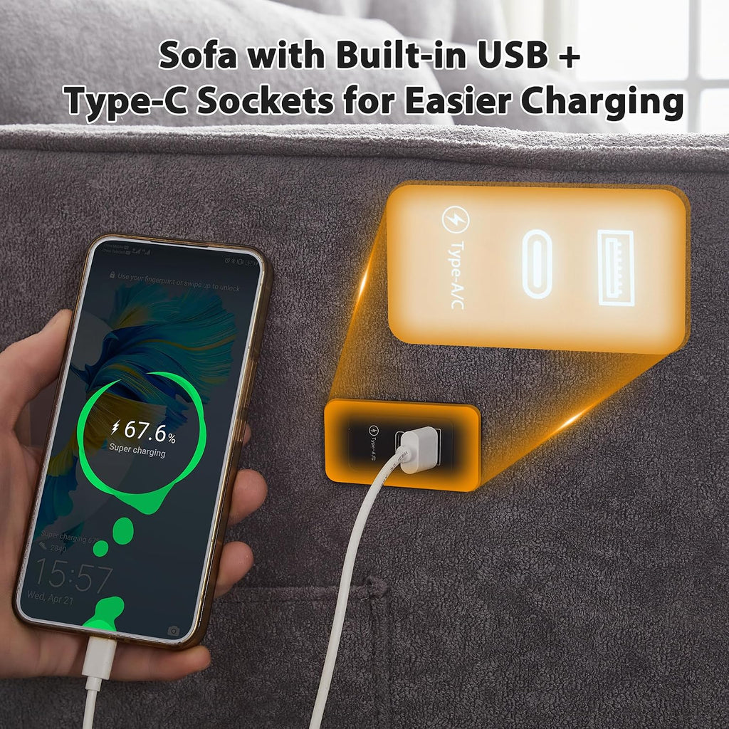 Convertible Sofa Bed, 3 in 1 Pull Out Couch, Loveseat Sleeper with Side Pocket, Living Room Sofa with Adjustable Backrest | USB Charging Port | Two Pillows | Fabric | Dark Gray