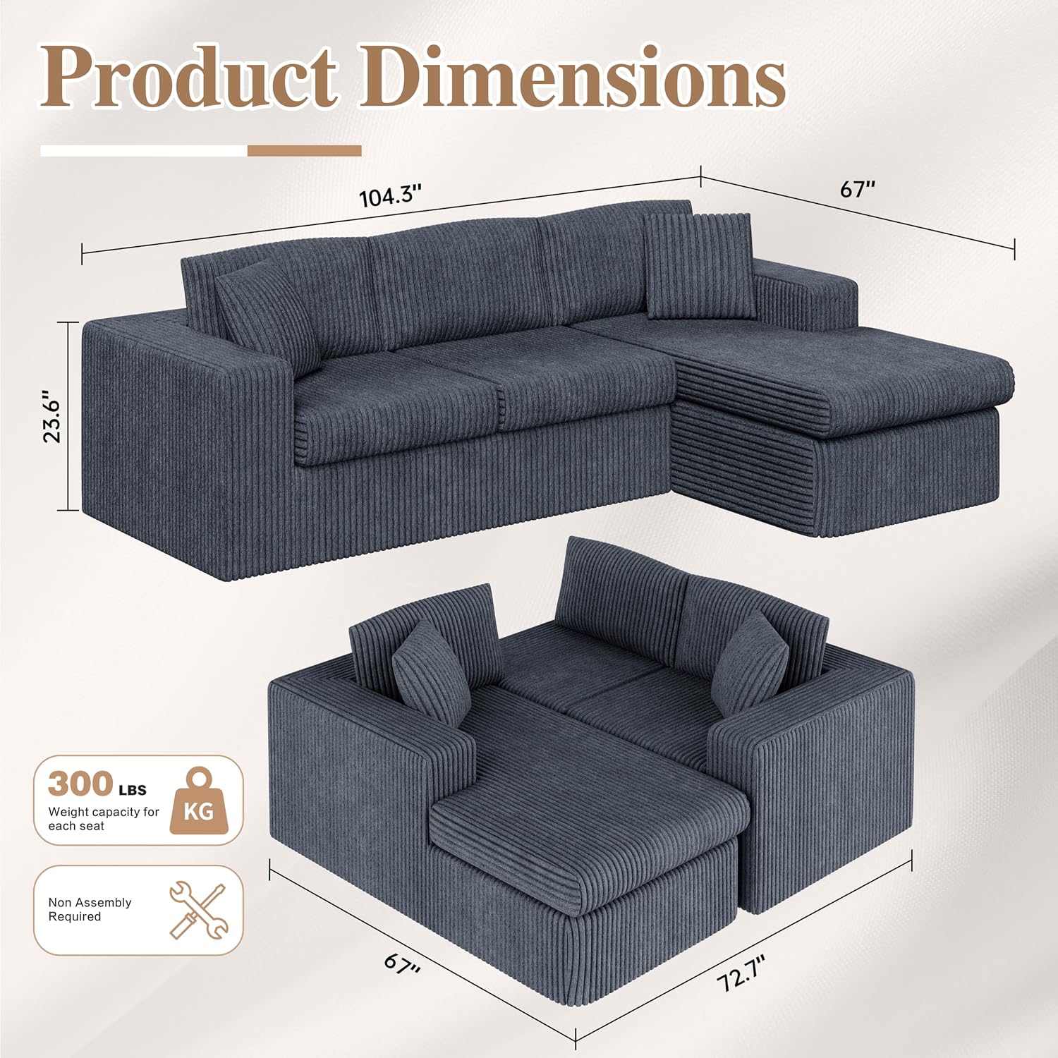 JAMFLY 105' Boneless Couches for Living Room Modular Sectional Sofa L-Shape Couch with Oversized Chaise, Cloud Couch Deep Seat Memory Foam Upholstered for Bedroom, Plush Corduroy Fabric, Drak Grey