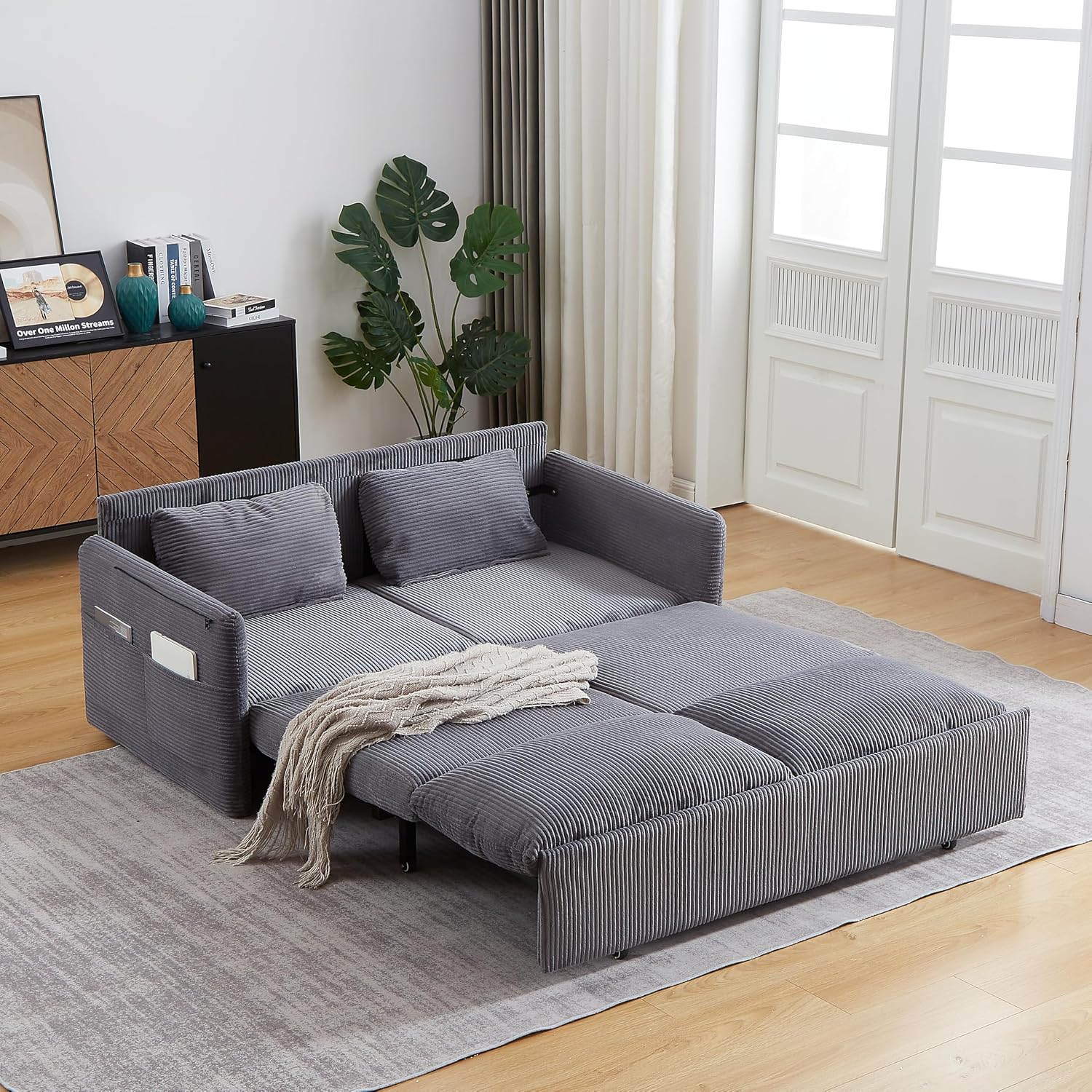 Eafurn 3 in 1 Convertible Pull Out Sleeper Sofa Couch Bed Queen Size, Corduroy Pullout Lounge Loveseat RV Sofa&Couches Sofabed with Soft Pillows Armrest,Side Pockers for Living Room Apartment