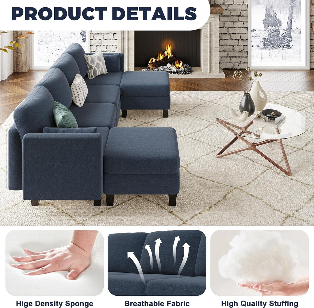 Modular Sectional Sofa, 6 Seaters Modular Sleeper Sofa Couch, Comfy Sectionals Couches Bed, Convertible Sofas with Ottomans, Sectional Couches for Living Room, Blue