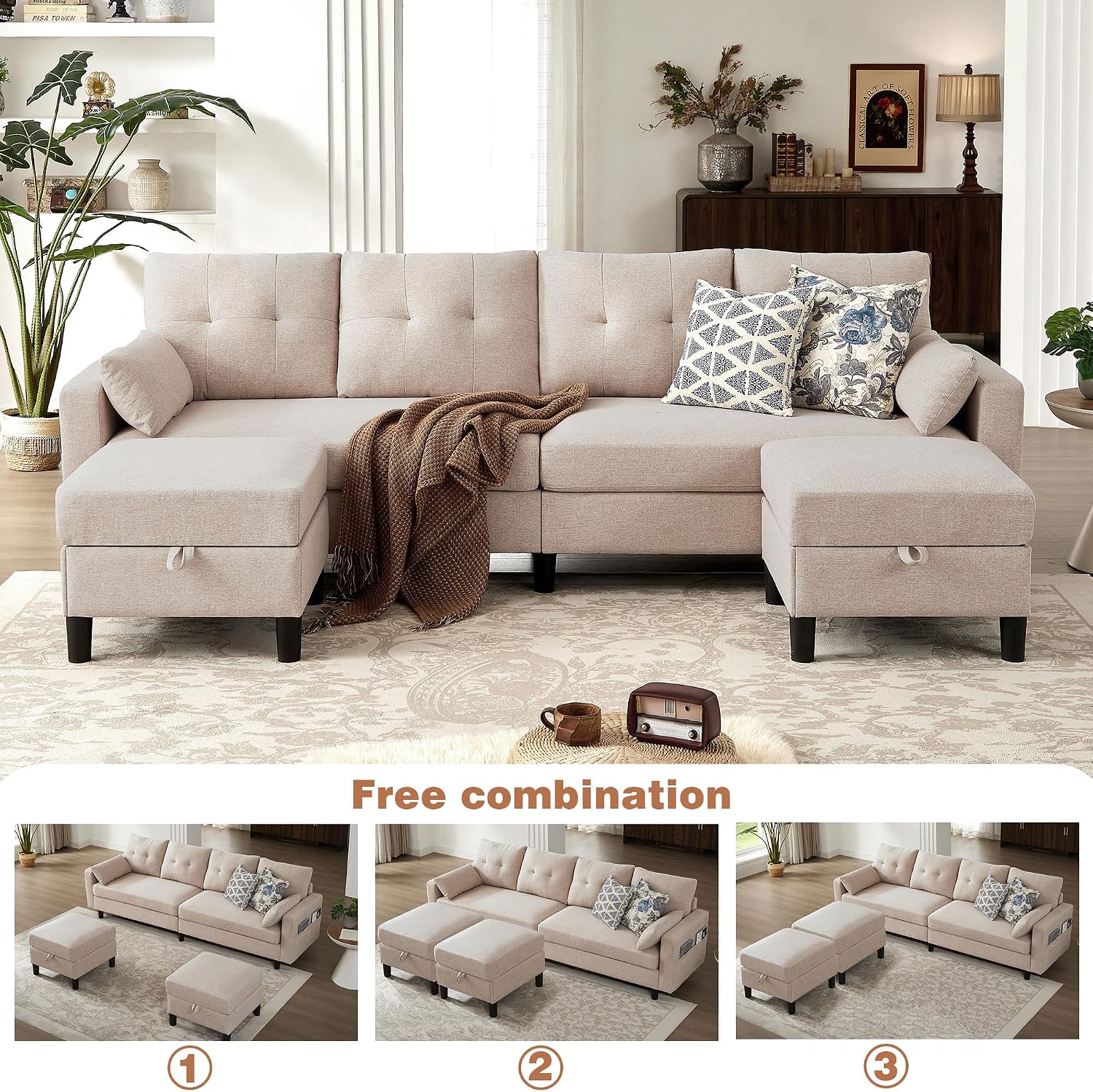 Sectional Sofa with Storage Seats, 4 Seater U Shaped Couch with 2 Movable Ottoman Chaises for Living Room, Polyester Cover & Soft Cushions, 101' Combination Sectional Couch, Beige