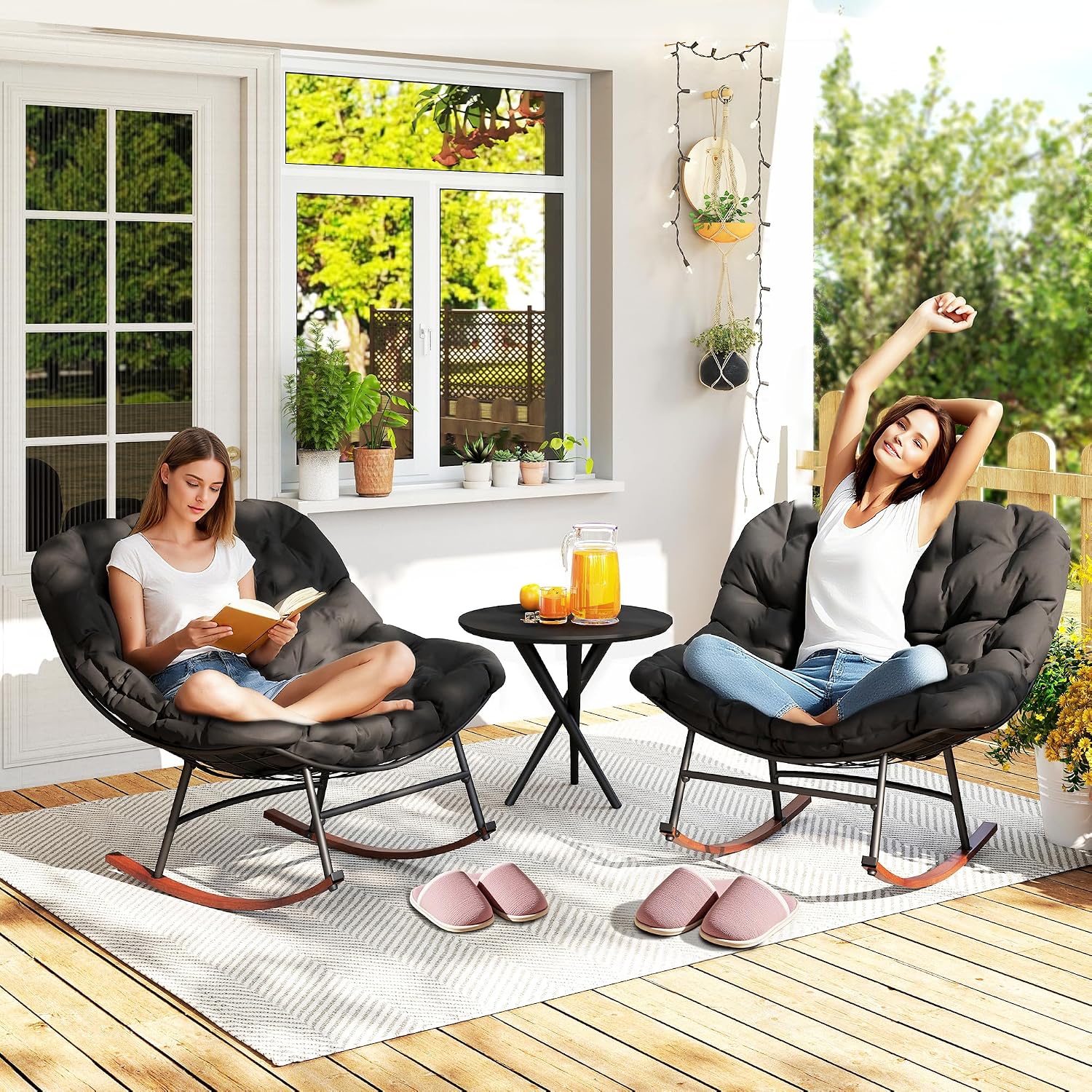 Outsunny Outdoor Rocking Chair Set of 2, Oversized Rocking Papasan Chairs with Cushions, Steel Frame, Comfy Outdoor Rockers for Patio Porch Lawn Garden, Black