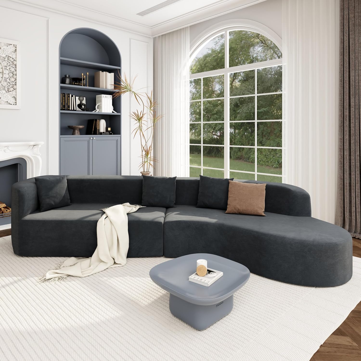 Merax Modern Minimalist Large 2-Piece Sectional Curved Chenille Sofa with 3 Pillows and High-Density Foam for Luxurious Comfort and Seamless, for Living Room, Bedroom, Grey
