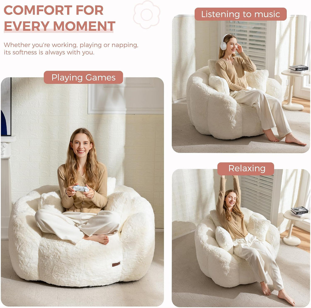 MAXYOYO Bean Bag Chair, Floral Shaped Bean Bag Sofa for Adults, Soft Faux Fur Floor Sofa, Large Stuffed Reading Chair for Living Room, Beige