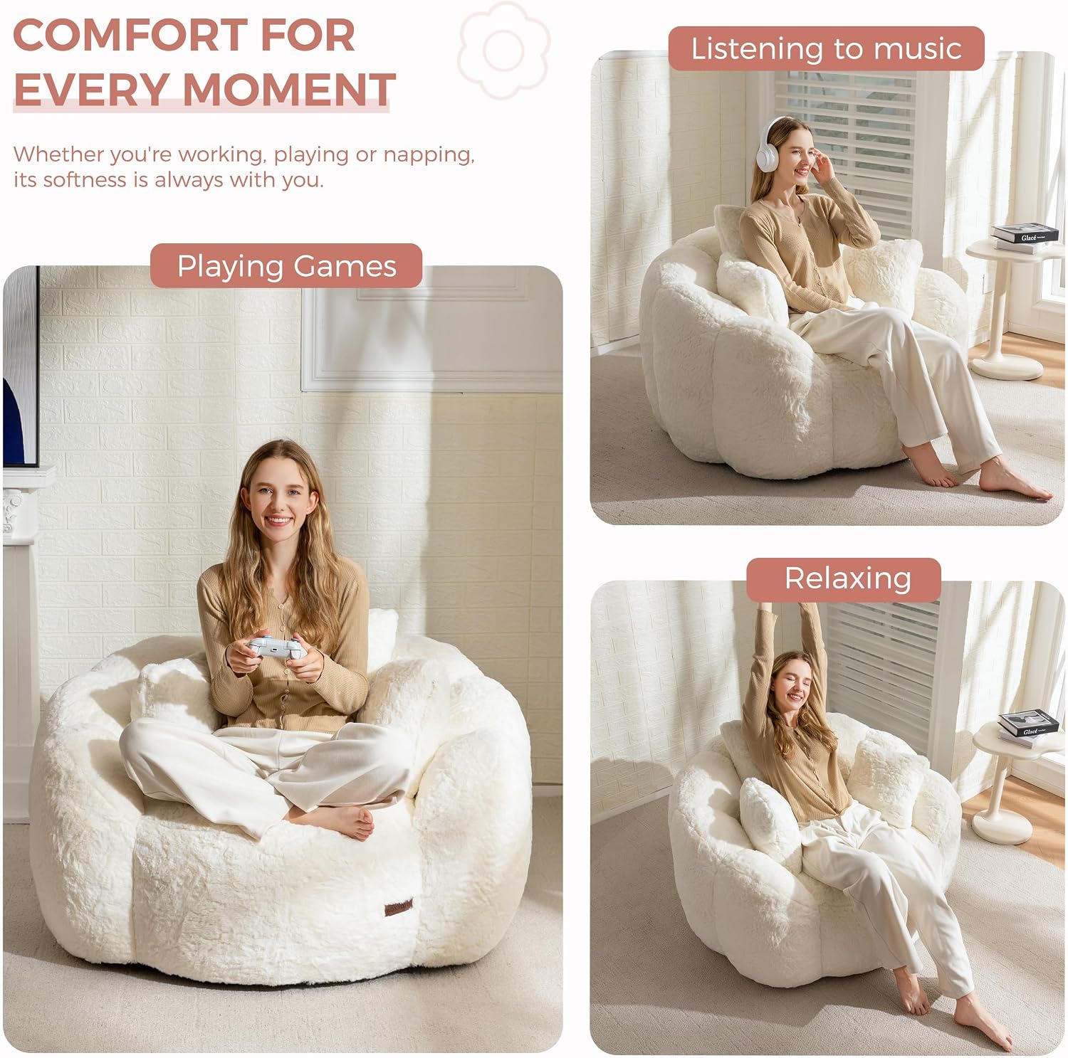 MAXYOYO Bean Bag Chair, Floral Shaped Bean Bag Sofa for Adults, Soft Faux Fur Floor Sofa, Large Stuffed Reading Chair for Living Room, Beige
