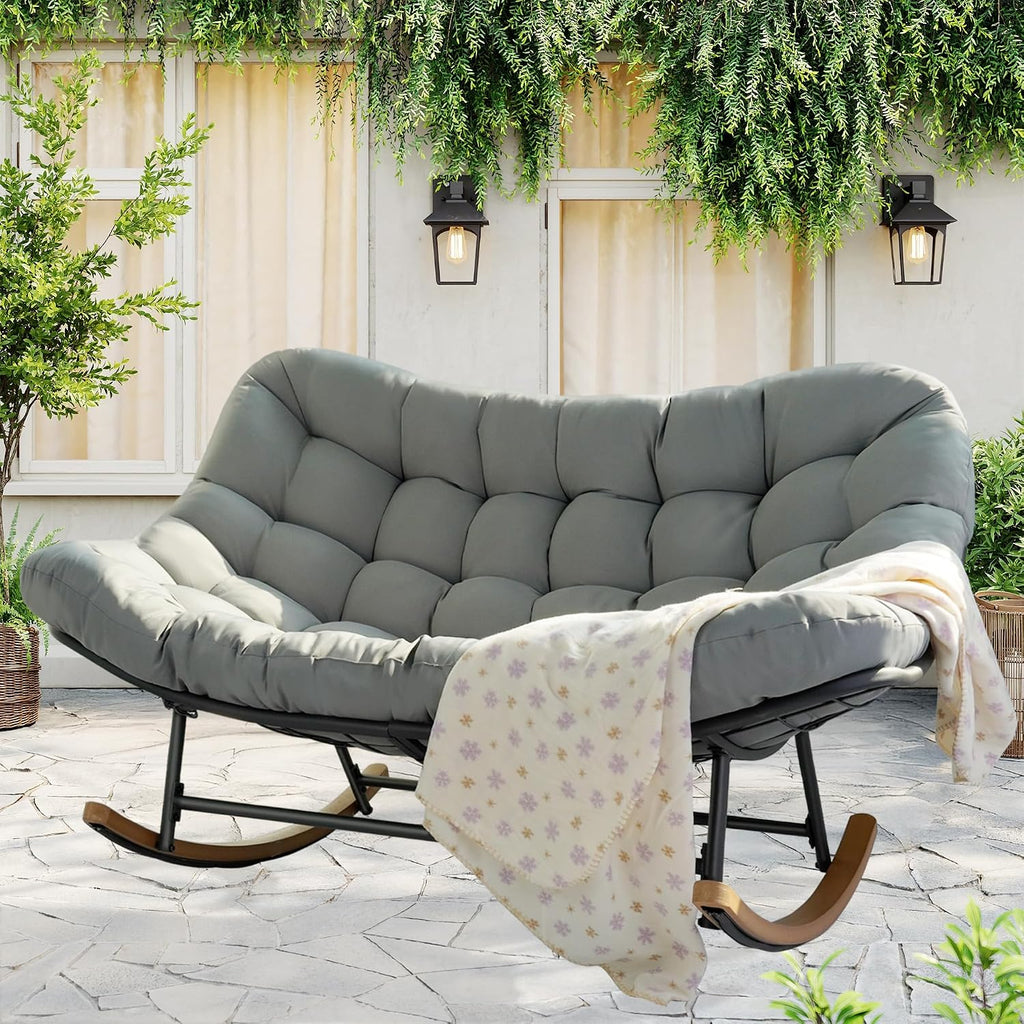 Oversized Double Papasan Rocking Chair Outdoor Indoor for 2, 660 lbs Heavy Duty Patio Rocking Chair with Thick Cushion, Comfy Egg Loveseat Recliner for Balcony Backyard Garden, Grey
