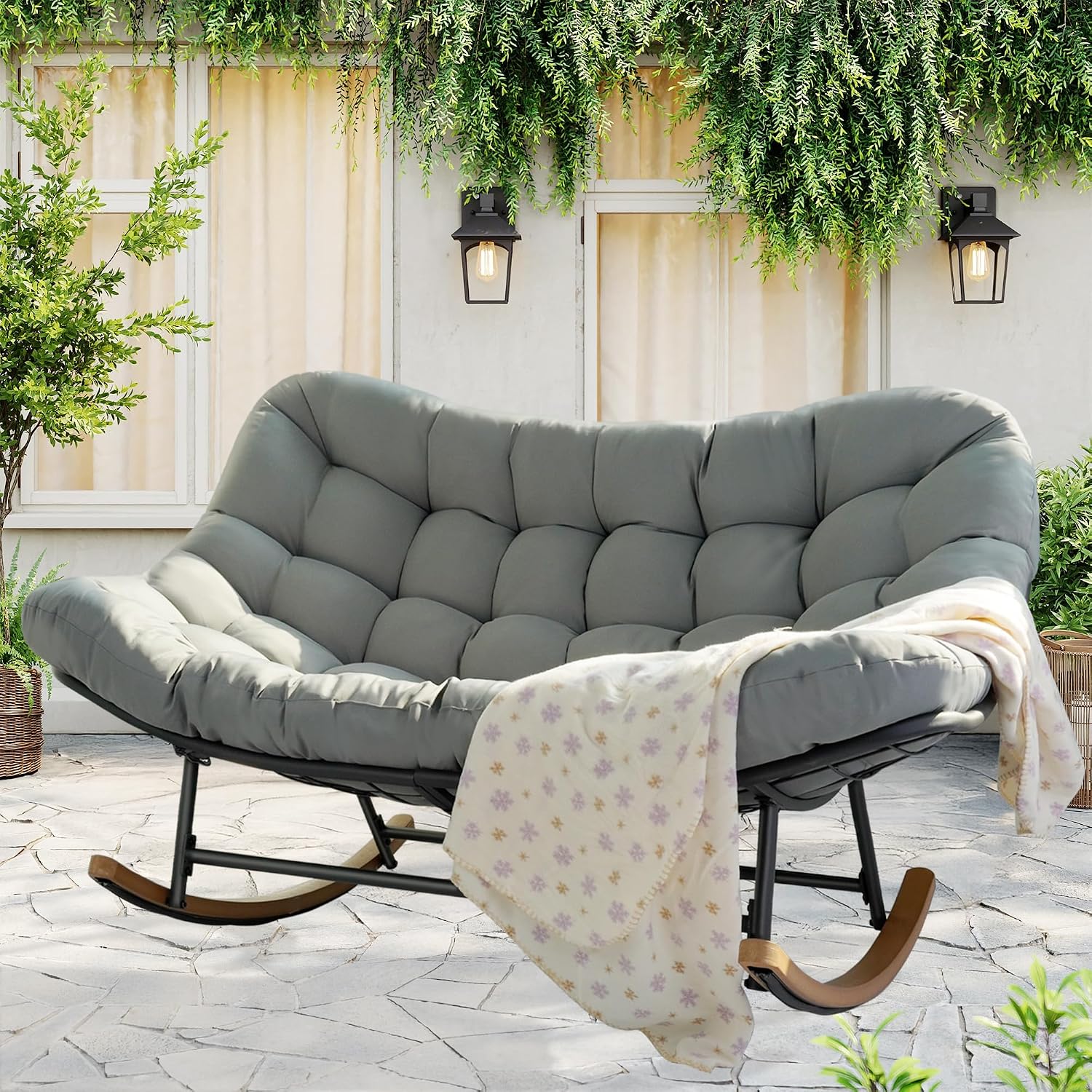 Oversized Double Papasan Rocking Chair Outdoor Indoor for 2, 660 lbs Heavy Duty Patio Rocking Chair with Thick Cushion, Comfy Egg Loveseat Recliner for Balcony Backyard Garden, Grey