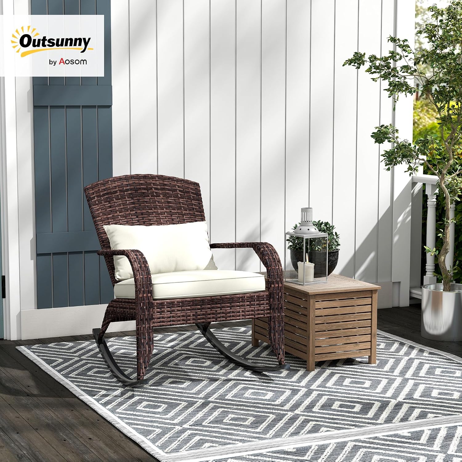 Outsunny Outdoor Wicker Adirondack Rocking Chair, Patio Rattan Rocker Chair with High Back, Seat Cushion, and Pillow for Garden, Porch, Balcony, Cream White