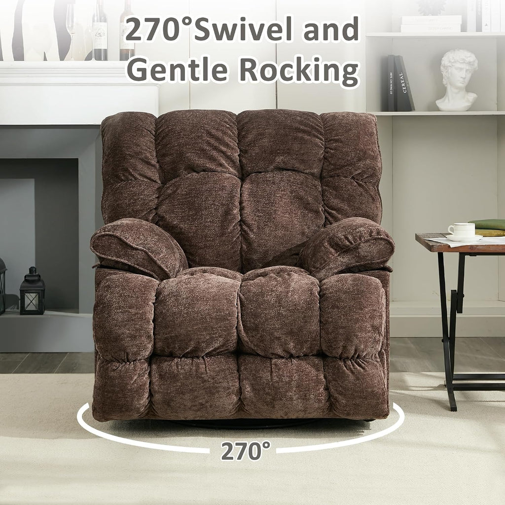 Oversized Recliner Chair, Overstuffed Swivel Rocker with Extra Wide Seat & Breathable Fabric for Living Room (Power, Brown)