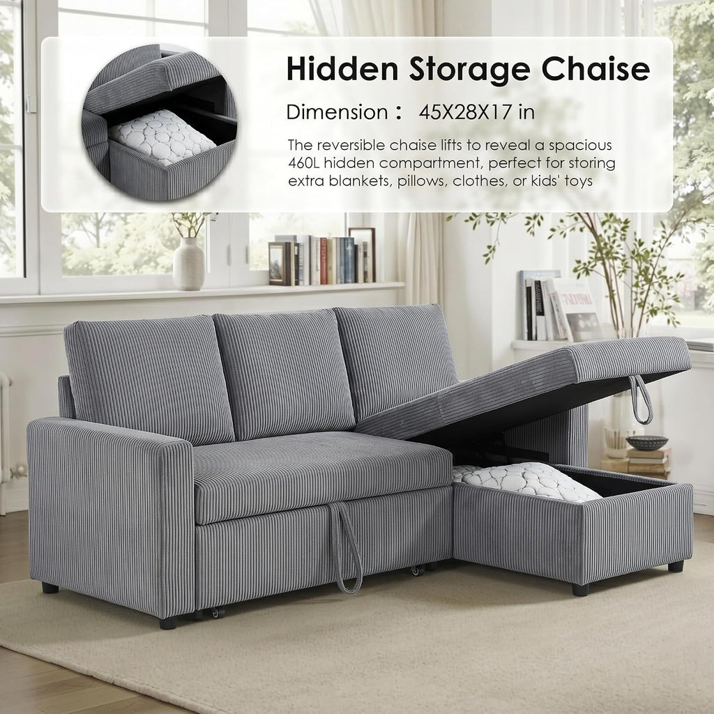 86in Reversible Sectional Sofa Couch, Sleeper Sofa Bed with Storage Chaise Pull Out Couch for Living Room (Ashgrey)