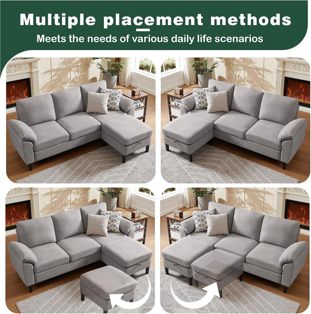 80' Convertible Sectional Sofa, Small L Shaped 3 Seat Couch with Reversible Storage Chaise, Modern Polyester Fabric Sofa Couches for Living Room, Apartment and Small Space, Light Grey