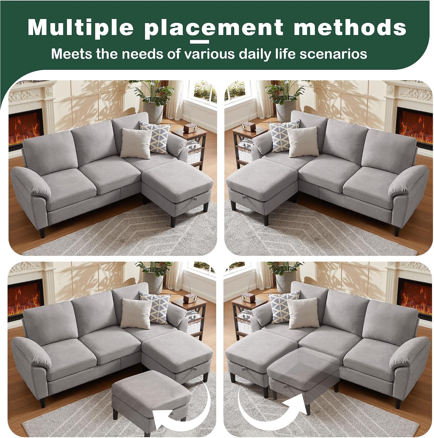 80' Convertible Sectional Sofa, Small L Shaped 3 Seat Couch with Reversible Storage Chaise, Modern Polyester Fabric Sofa Couches for Living Room, Apartment and Small Space, Light Grey
