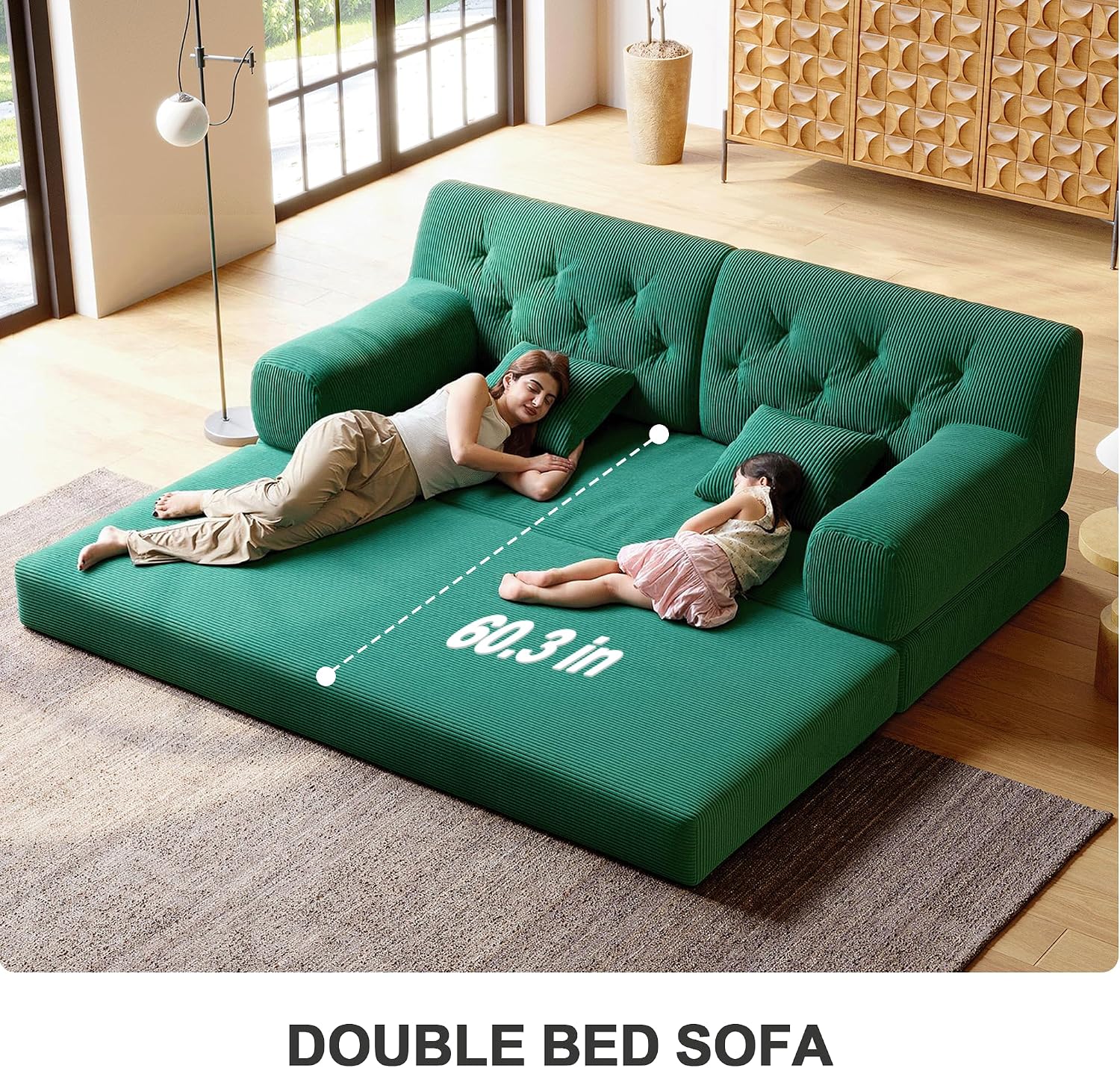 5-in-1 Folding Convertible Sofa Bed, Loveseat Sleeper with Pull-Out Bed, Floor Sofa Modular Futon Couch, 79' Oversized Corduroy Upholstered Boneless Couch for Living Room, Bedroom, Lounge, Green-C