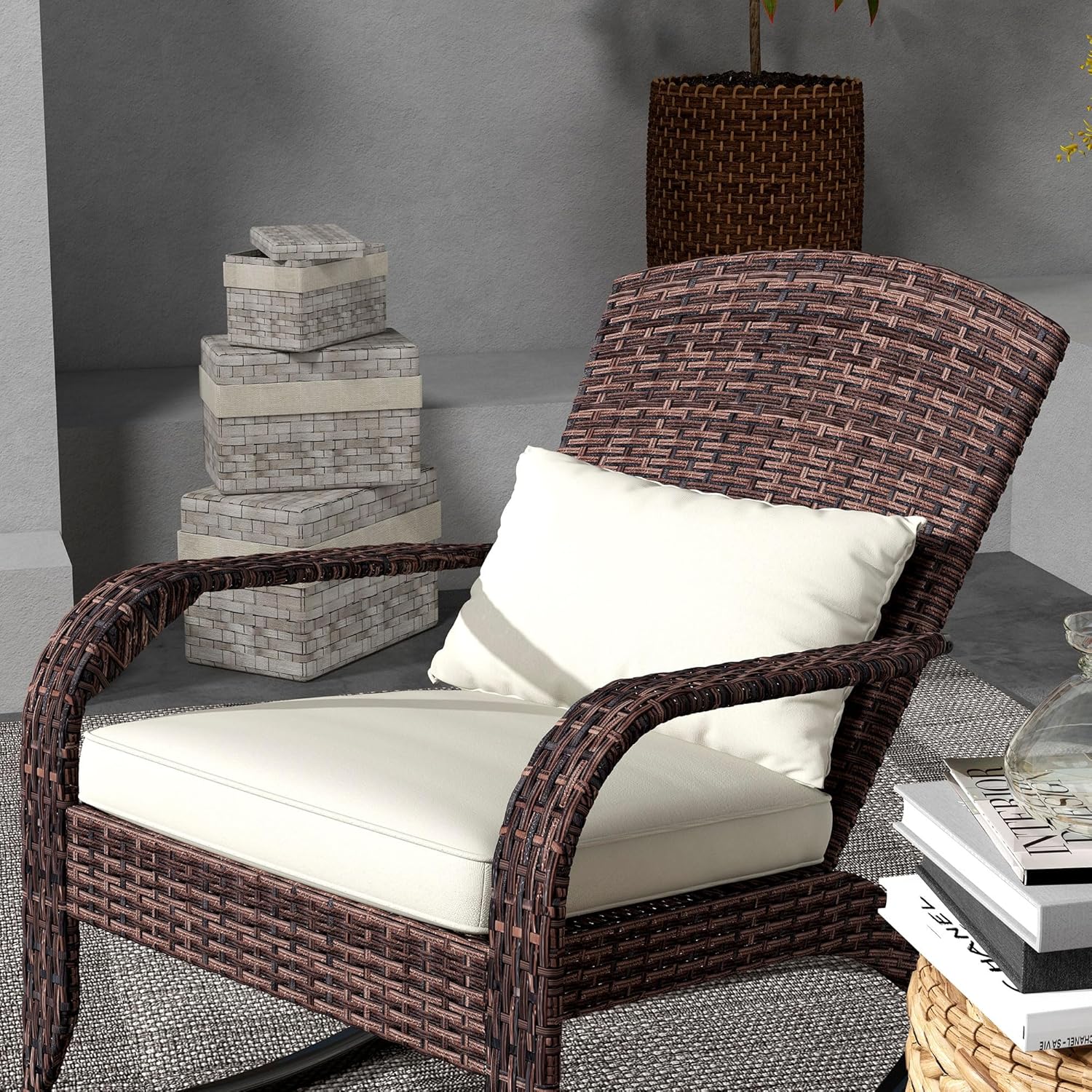 Outsunny Outdoor Wicker Adirondack Rocking Chair, Patio Rattan Rocker Chair with High Back, Seat Cushion, and Pillow for Garden, Porch, Balcony, Cream White