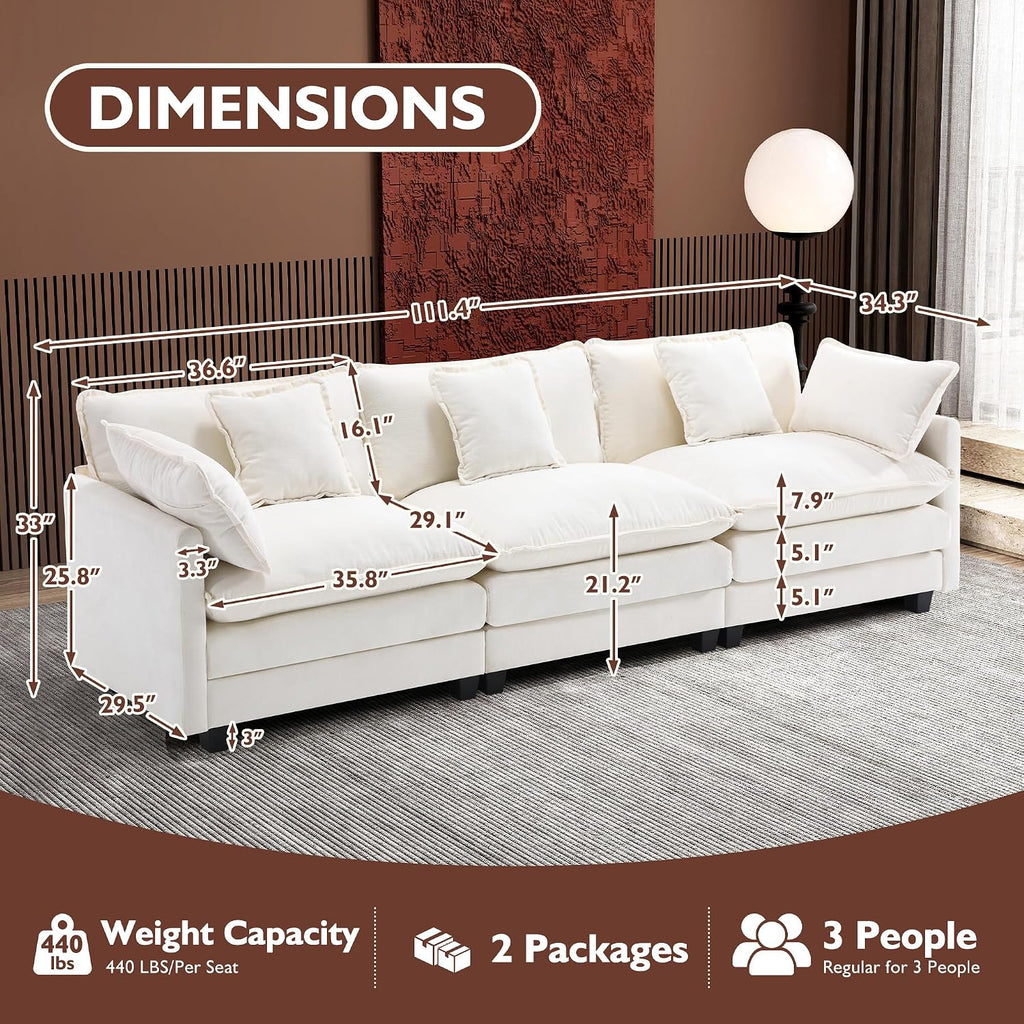 Ihanherry 111.4 Inch 3-Seater Cloud Sofa, Modular Sectional Couch, Modern Deep Seat Sofa for Living Room, Comfy Double Layer Upholstered Seat Cushion, Breathable Chenille Fabric, Beige