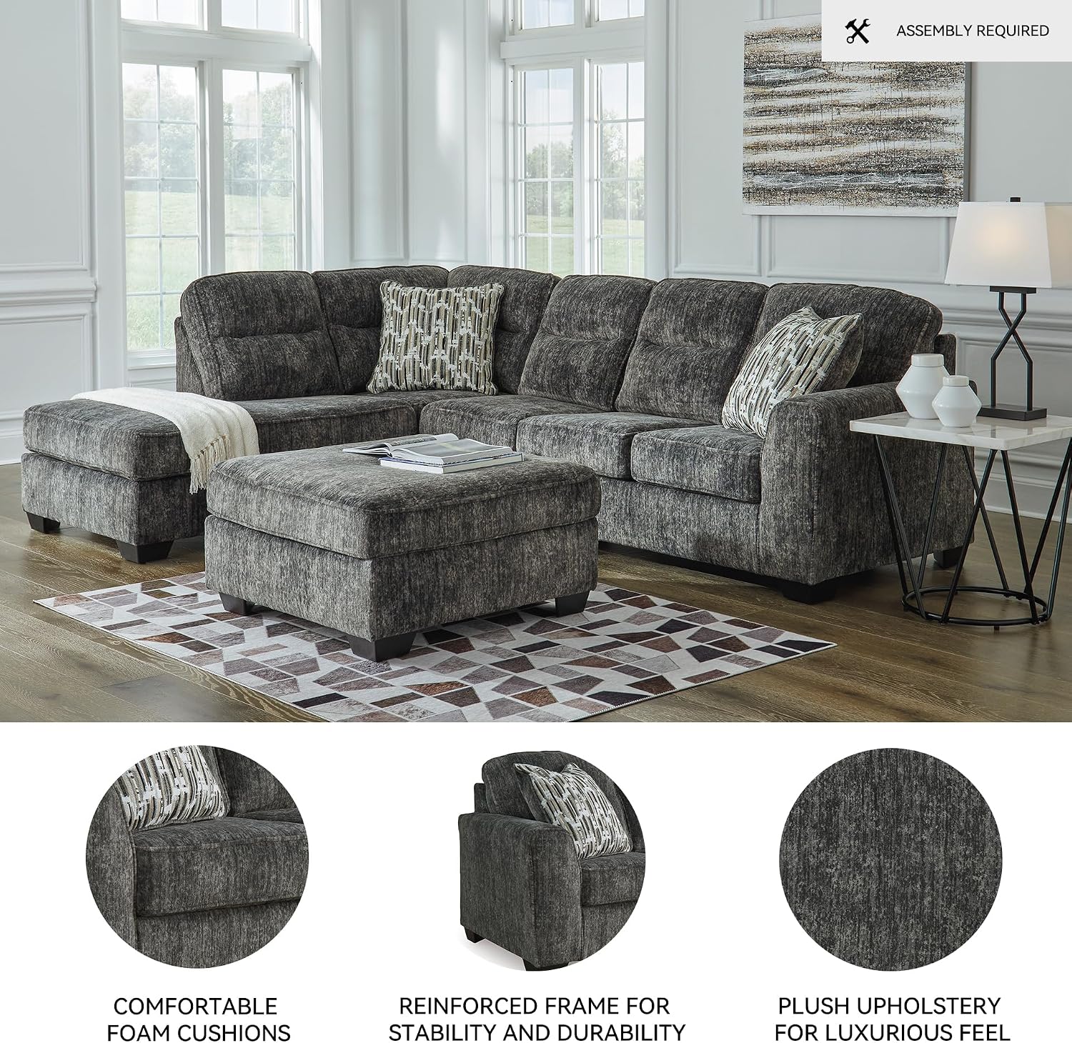 Signature Design by Ashley Lonoke Casual Left-Arm Facing 2-Piece Sectional with Chaise, Loose Seat Cushions, Throw Pillows Included, Gray